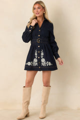 En Saison Carol Dark Indigo Denim Floral Embroidered Mini Dress