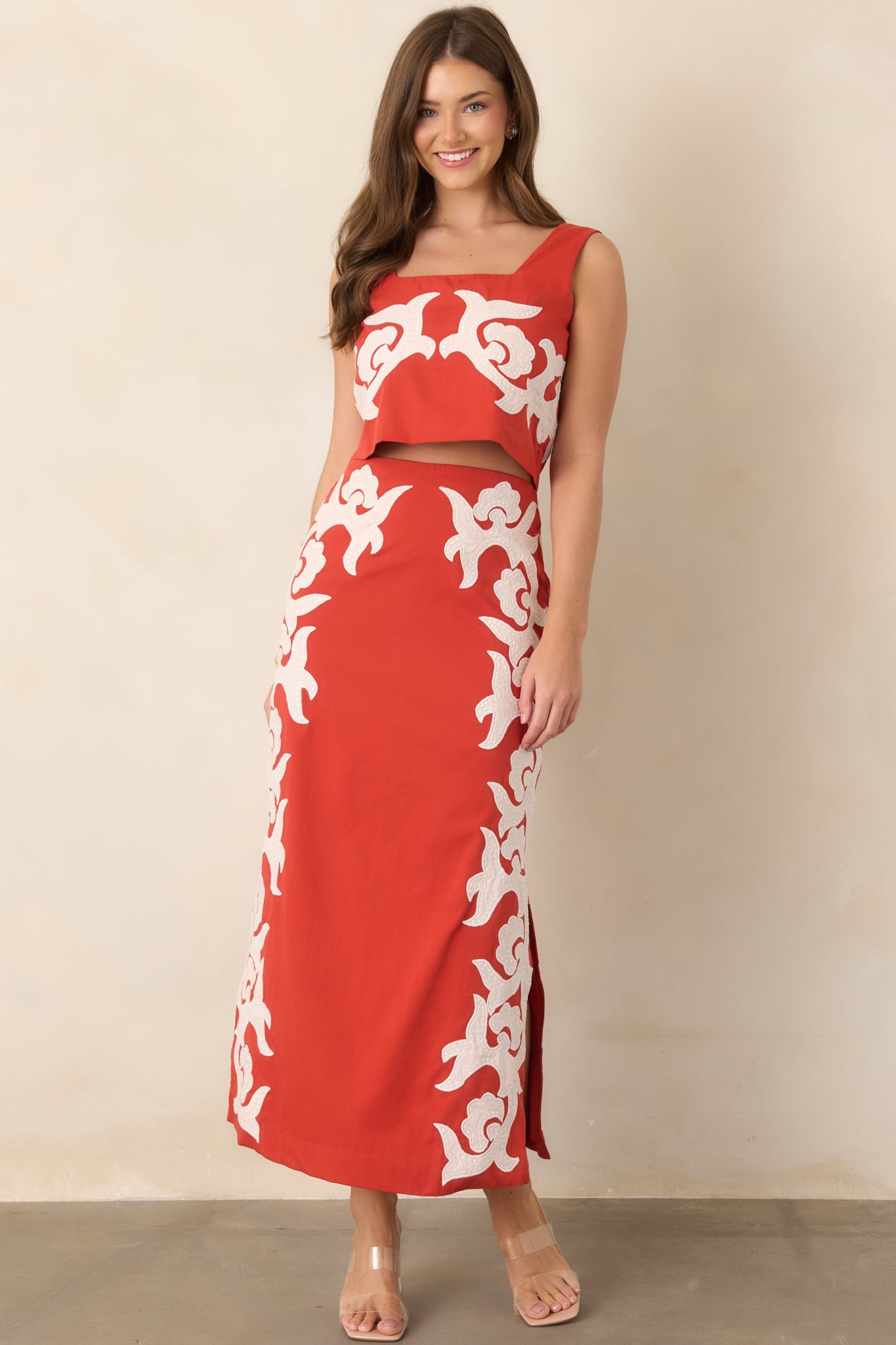 Anna Cate Dillon Bright Red Cotton Appliqué Midi Skirt
