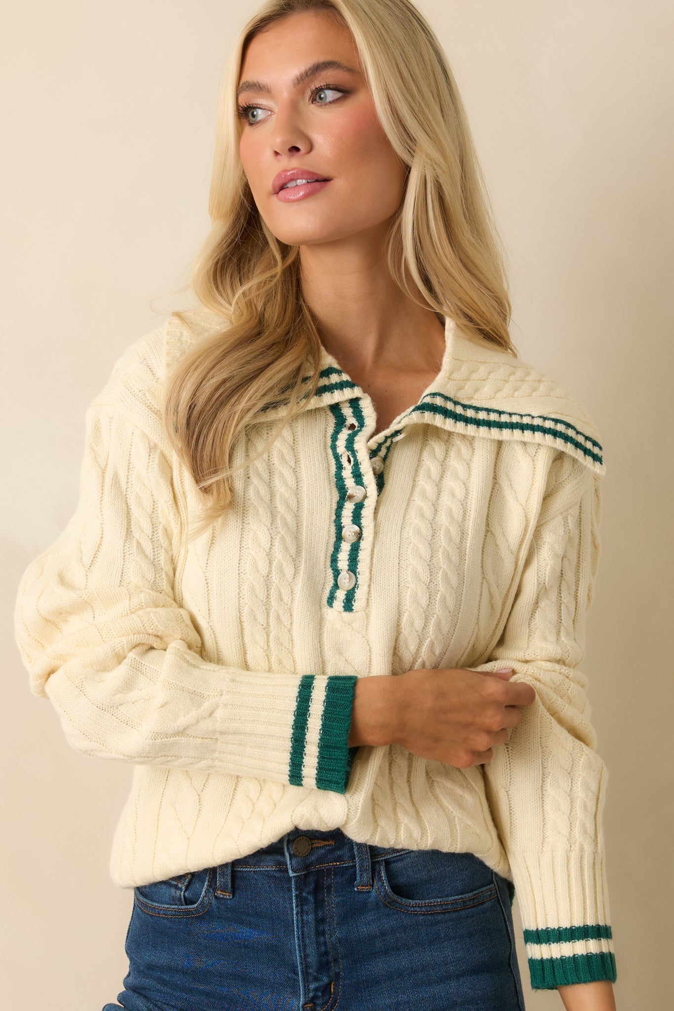 Alpine Afternoon Ivory Cable Knit Contrast Trim Collared Sweater