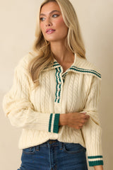 Alpine Afternoon Ivory Cable Knit Contrast Trim Collared Sweater