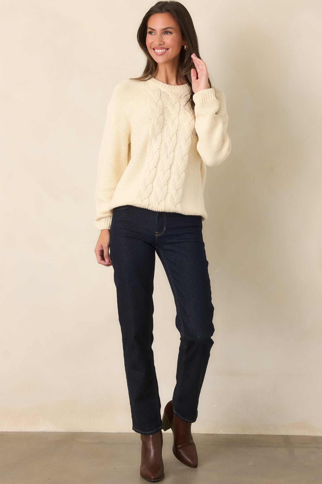 All the While Ivory Cable Knit Crewneck Pullover Sweater