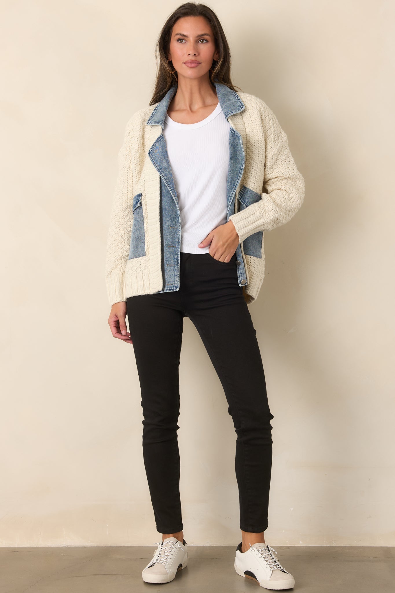 Everything In Between Ivory Knit Denim Jacket