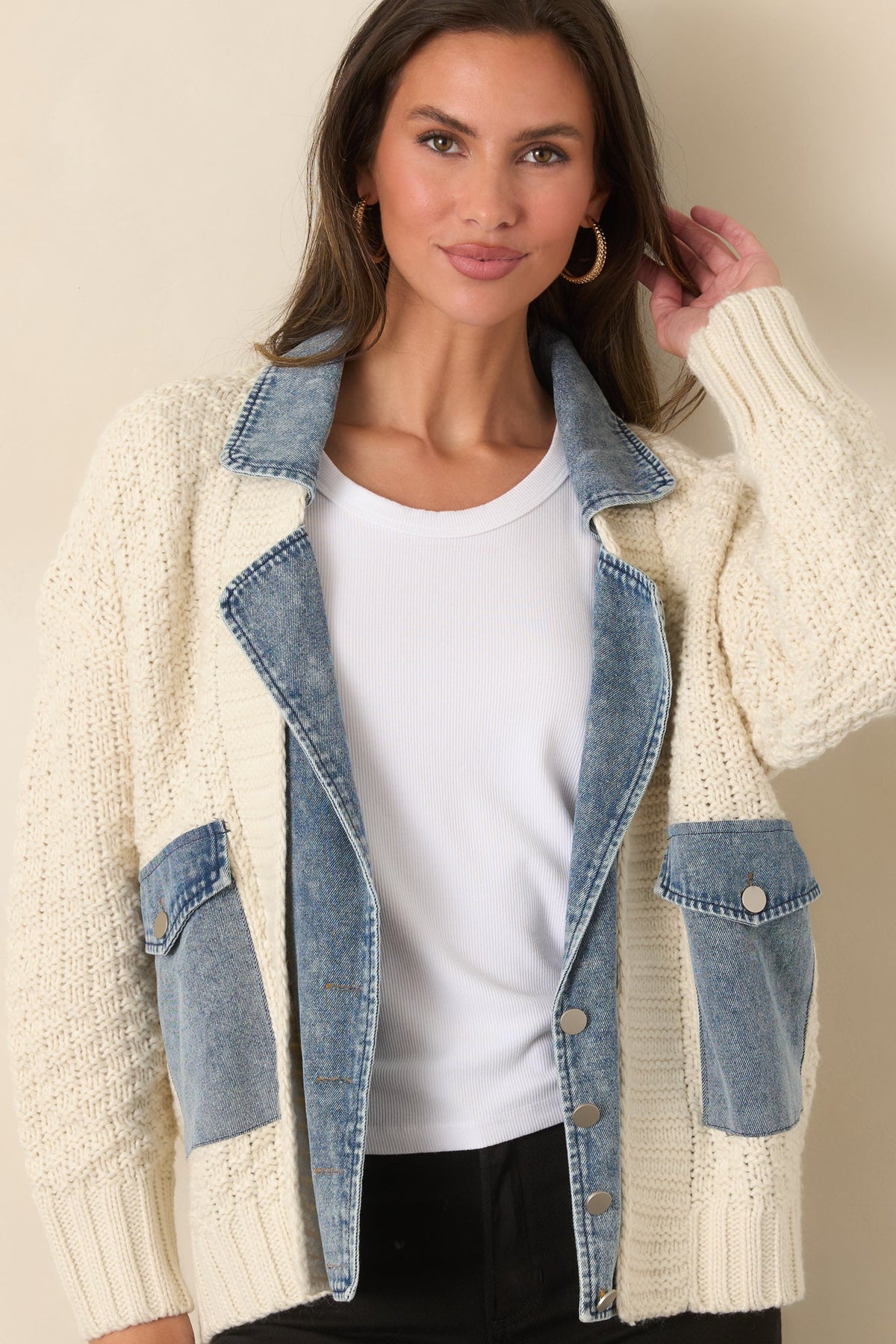 Everything In Between Ivory Knit Denim Jacket