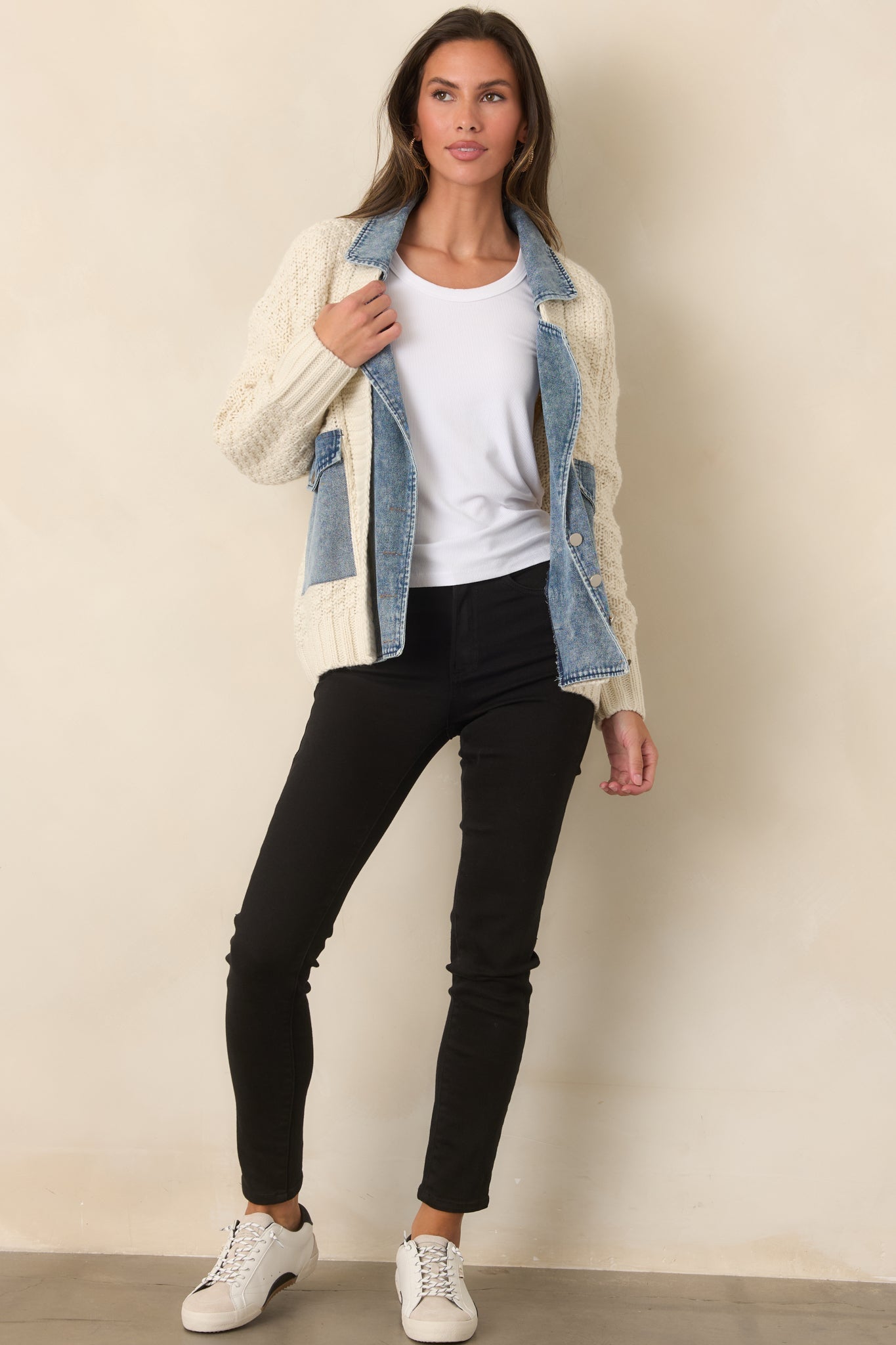 Everything In Between Ivory Knit Denim Jacket