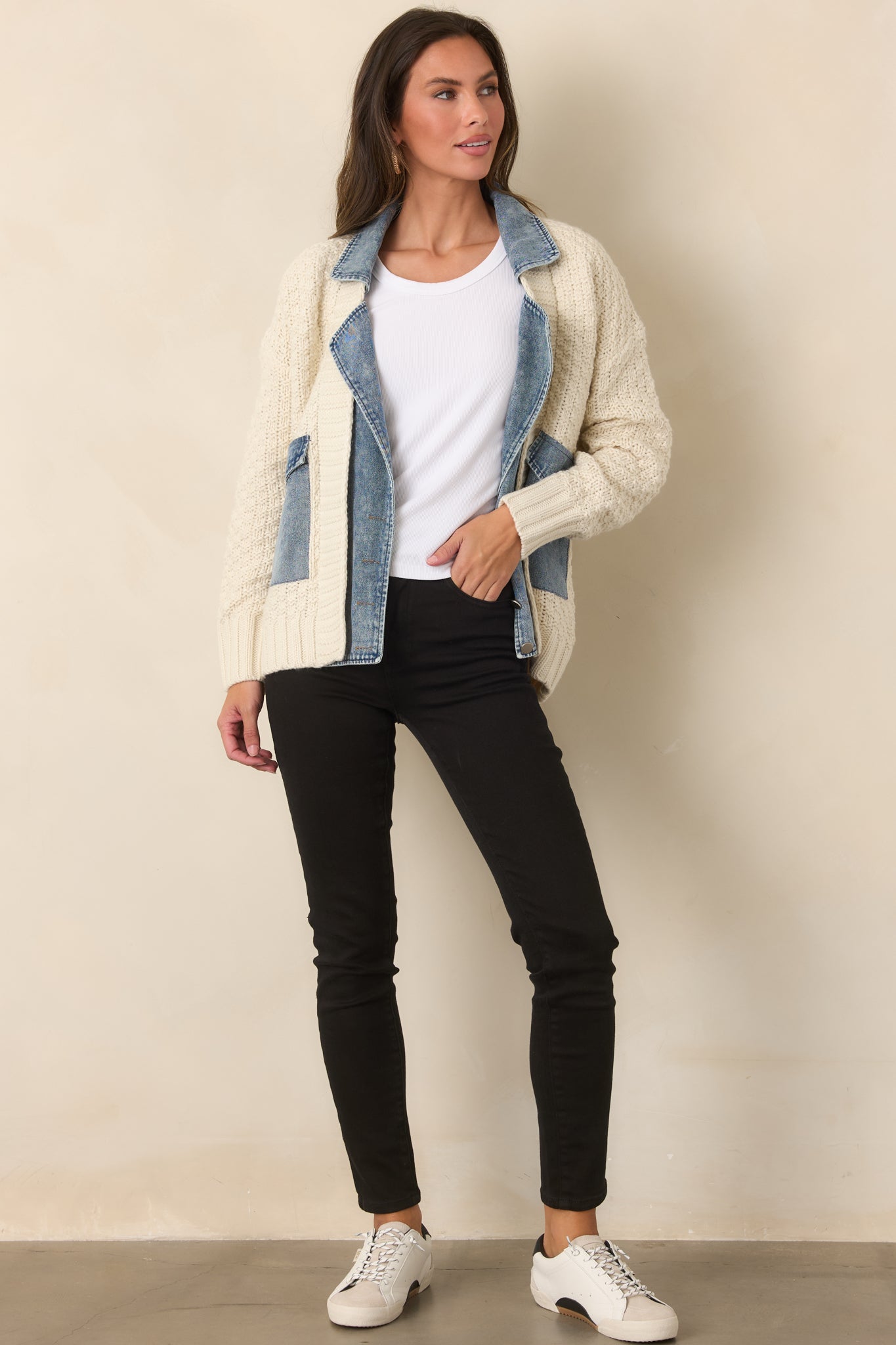 Everything In Between Ivory Knit Denim Jacket