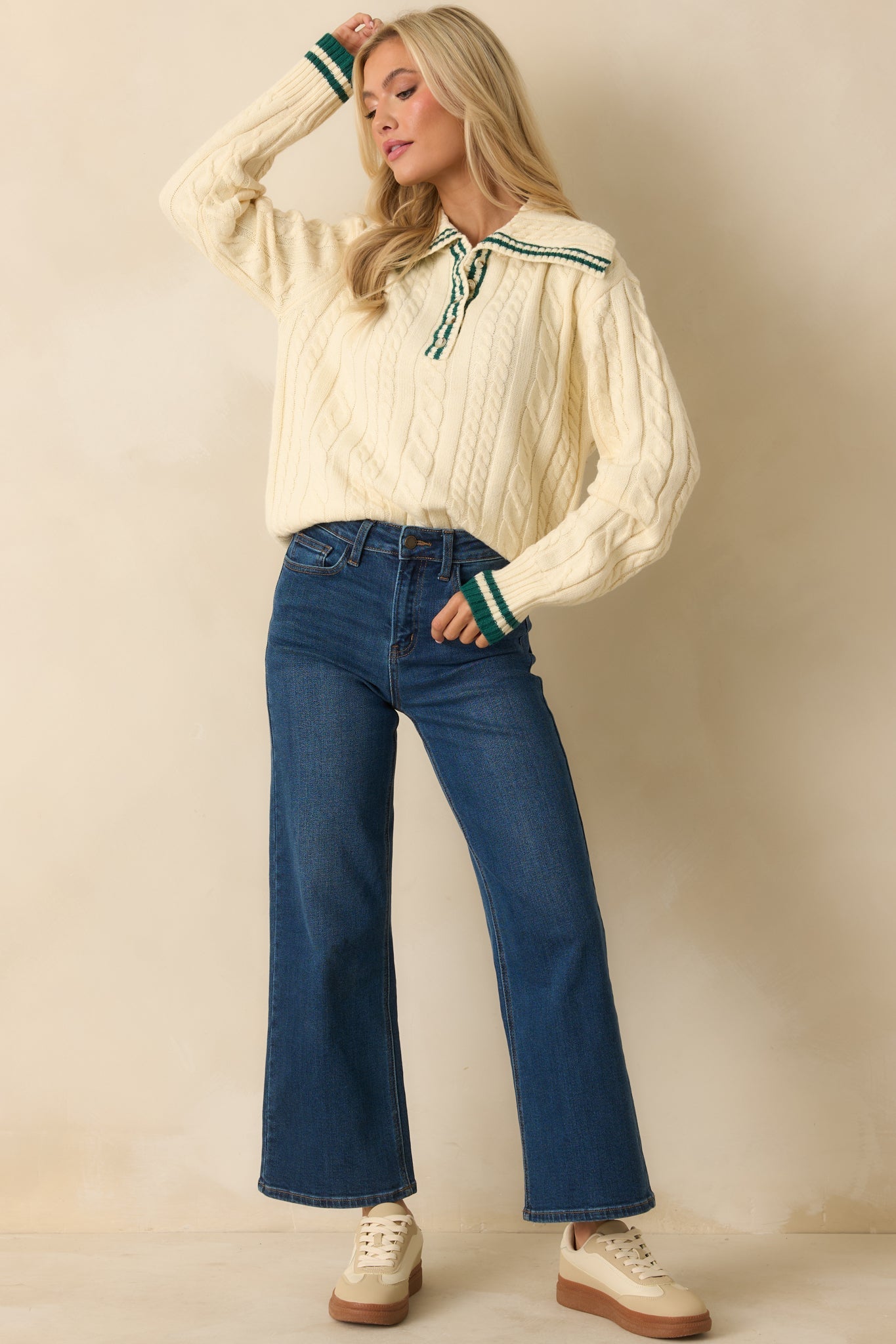 Alpine Afternoon Ivory Cable Knit Contrast Trim Collared Sweater