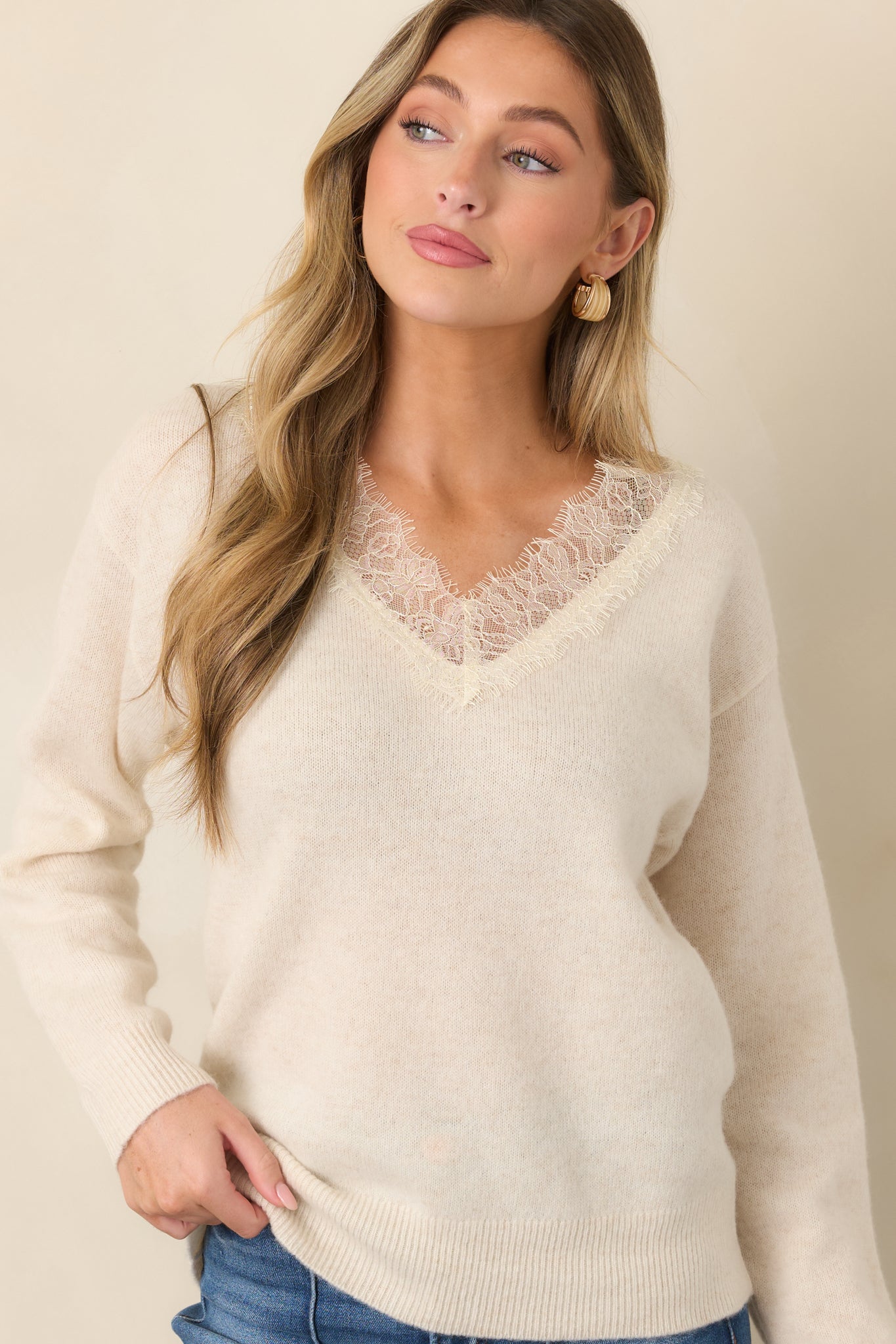 ASTR the Label Jadyn Ivory Wool Lace Trim V-Neck Sweater