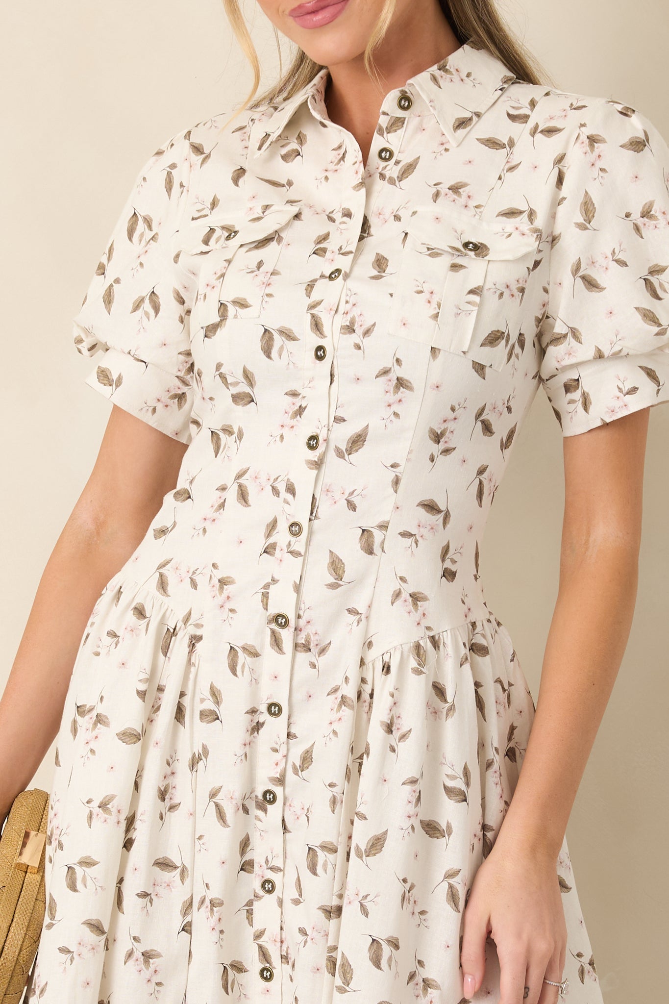 En Saison Hannah Ivory Floral Linen Blend Midi Shirt Dress