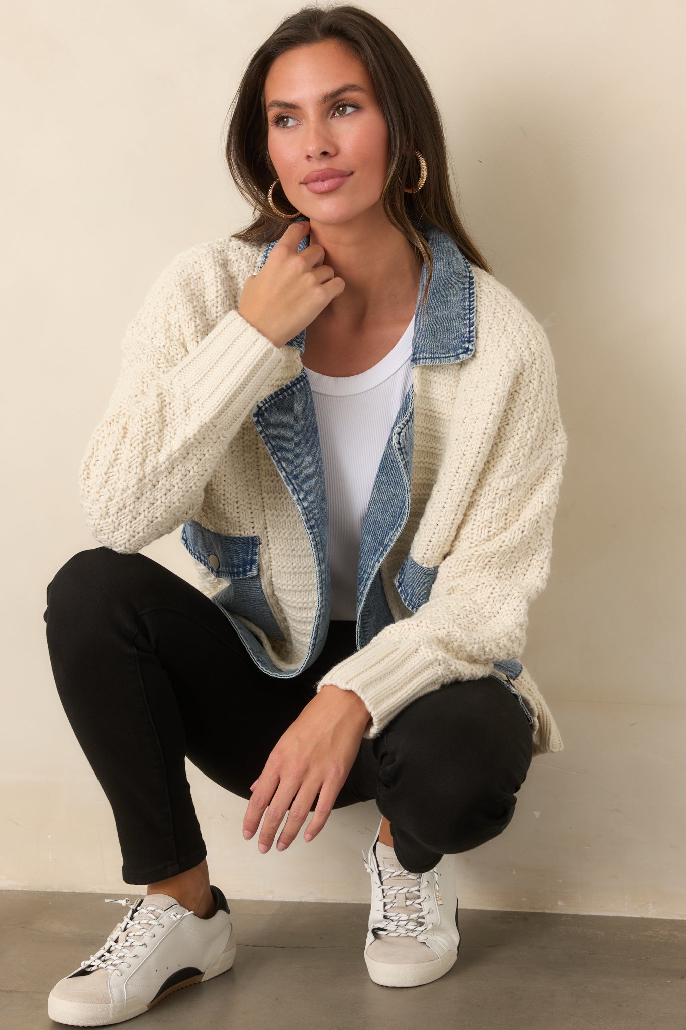 Everything In Between Ivory Knit Denim Jacket