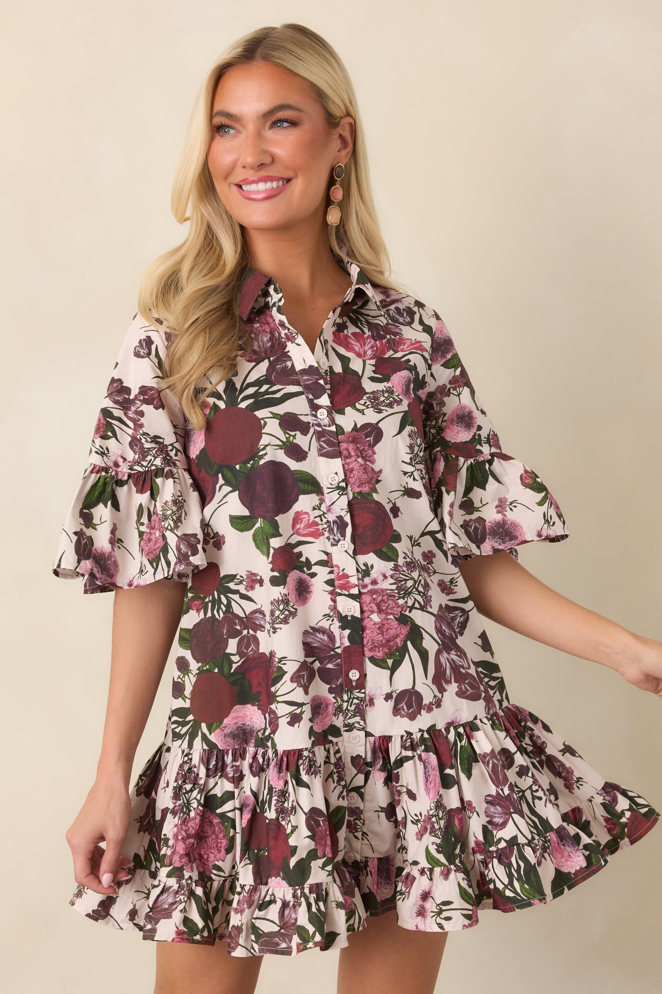 En Saison Miranda Ivory & Burgundy Floral Cotton Mini Dress