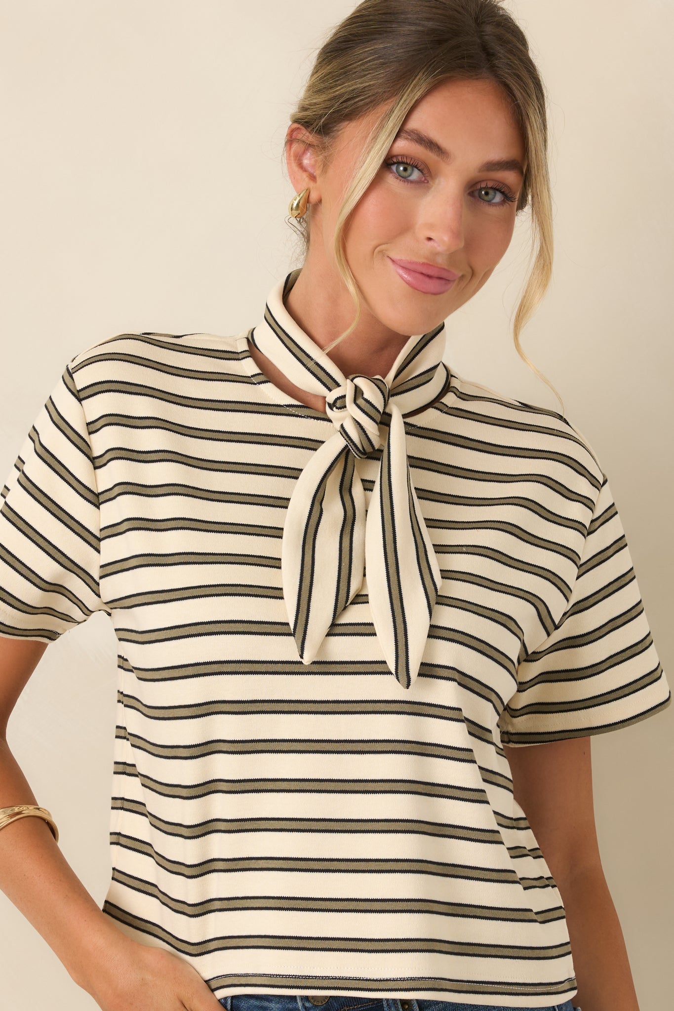 Easy Company Olive & Ivory Striped Cotton Tee