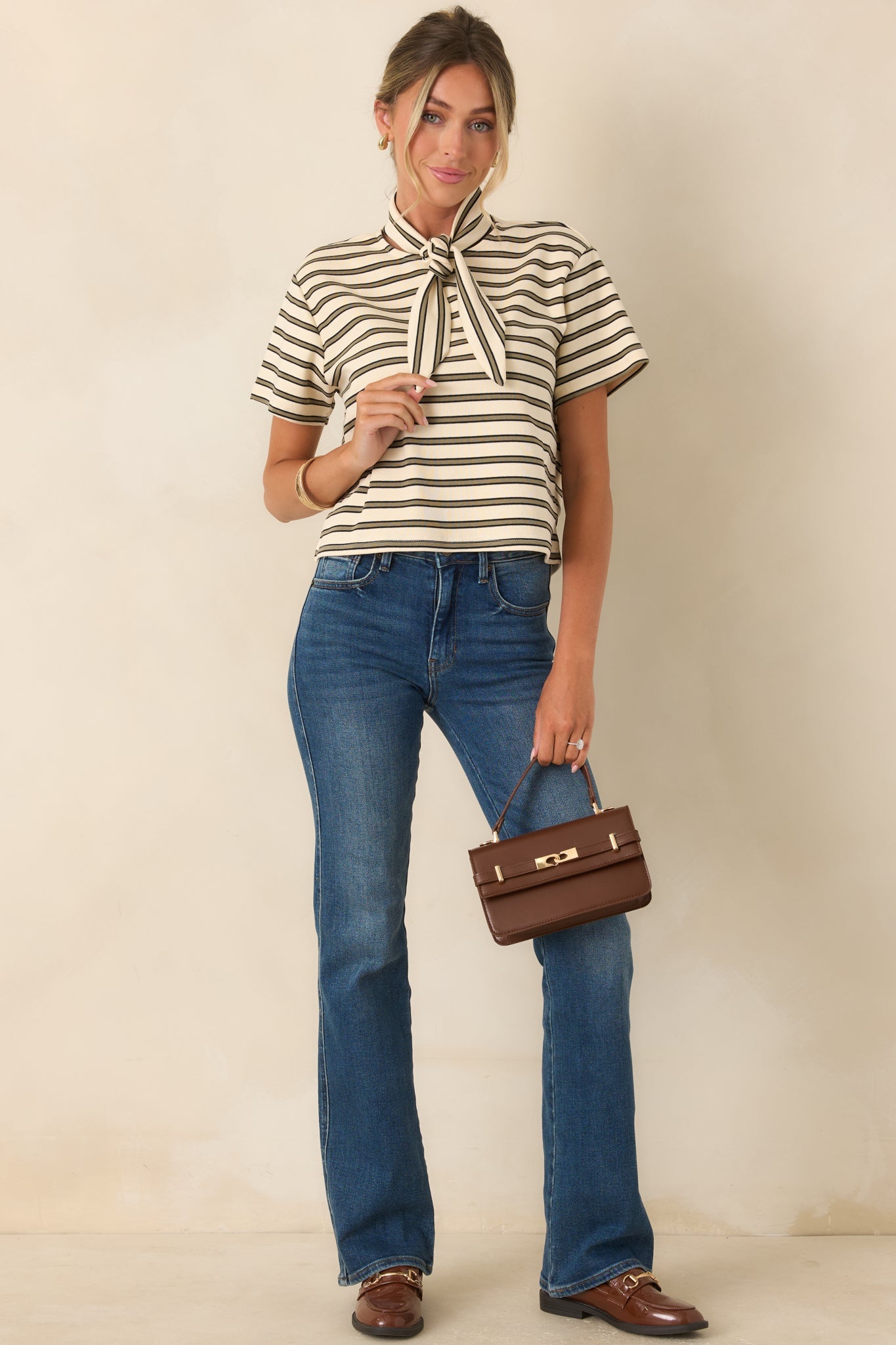 Easy Company Olive & Ivory Striped Cotton Tee
