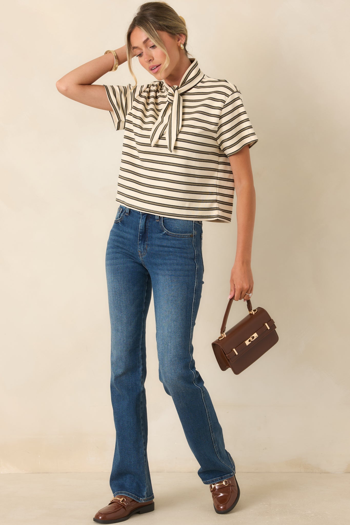 Easy Company Olive & Ivory Striped Cotton Tee