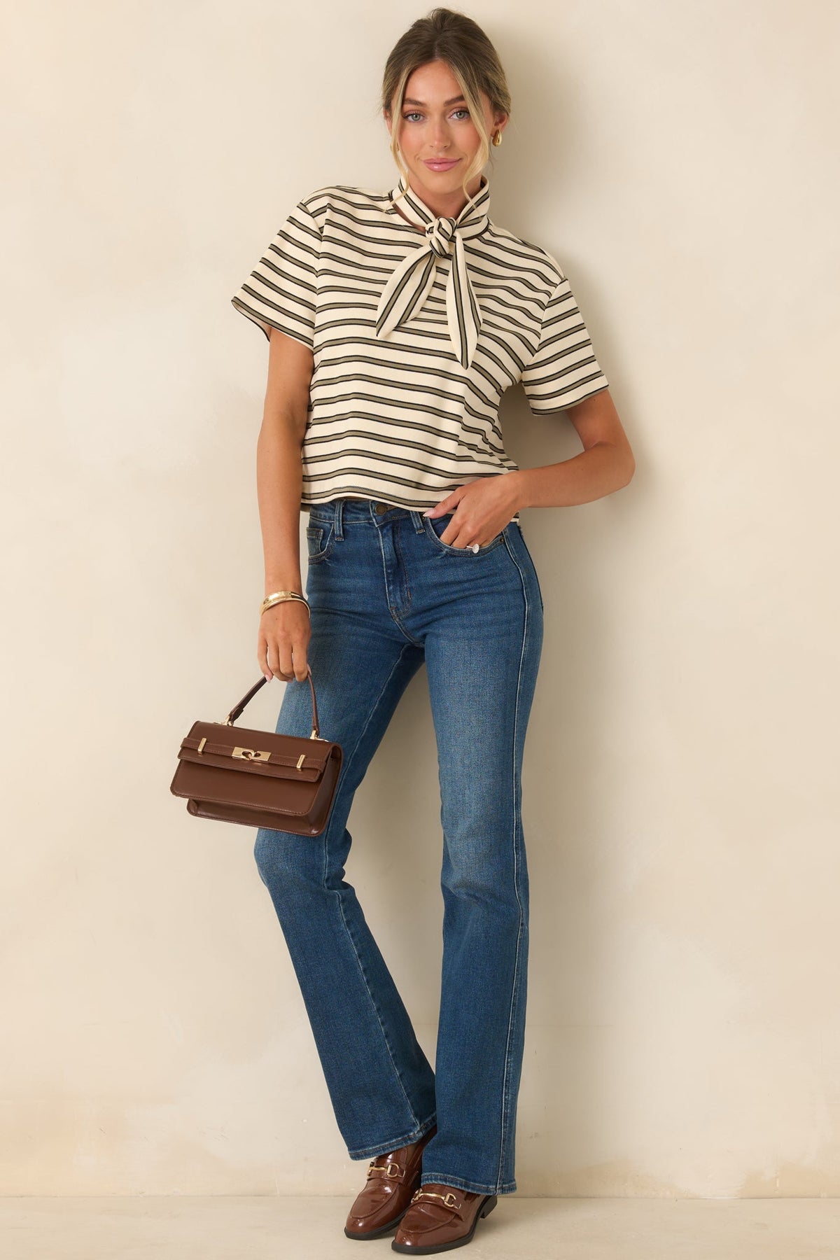 Easy Company Olive & Ivory Striped Cotton Tee