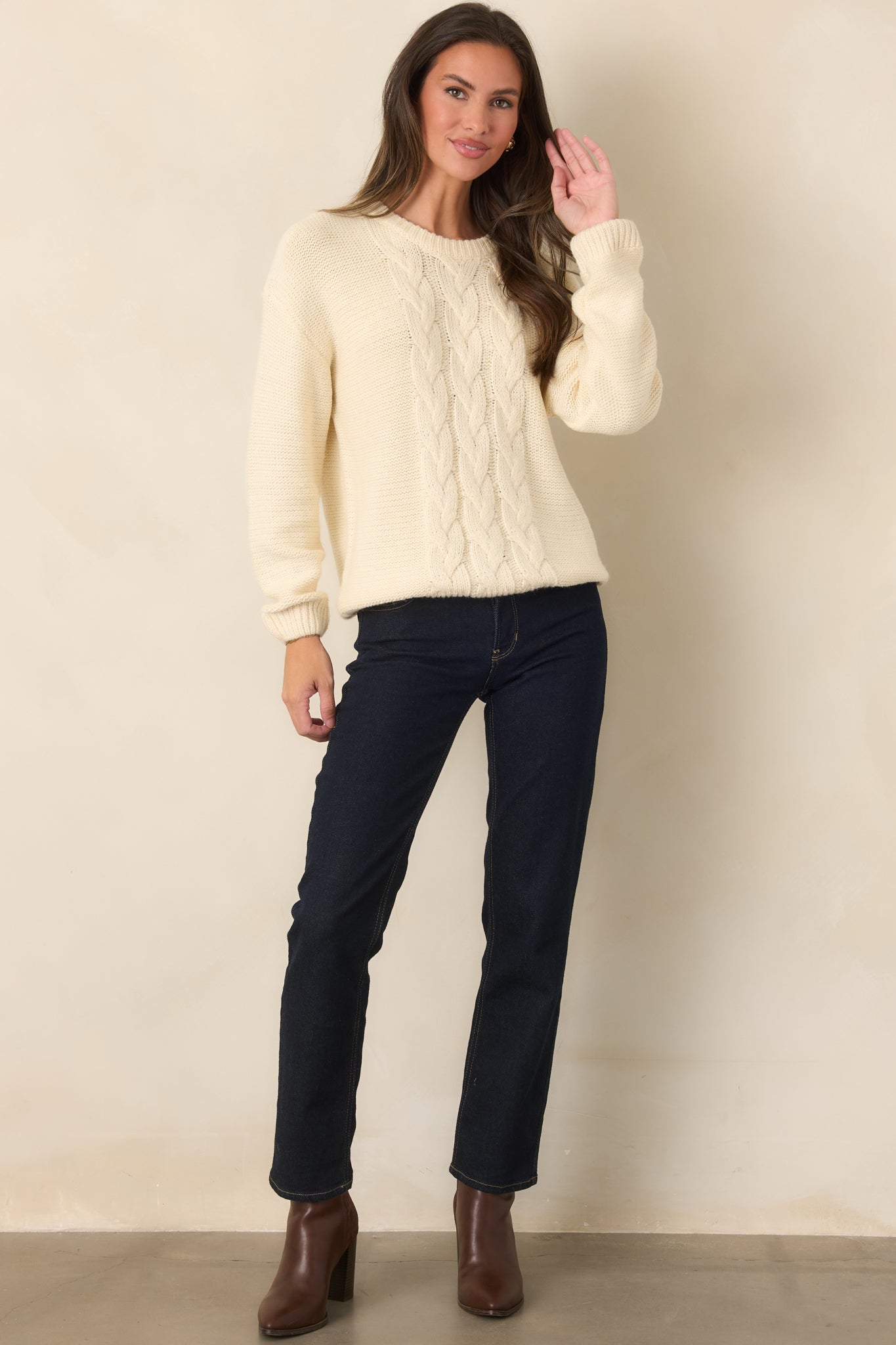 All the While Ivory Cable Knit Crewneck Pullover Sweater