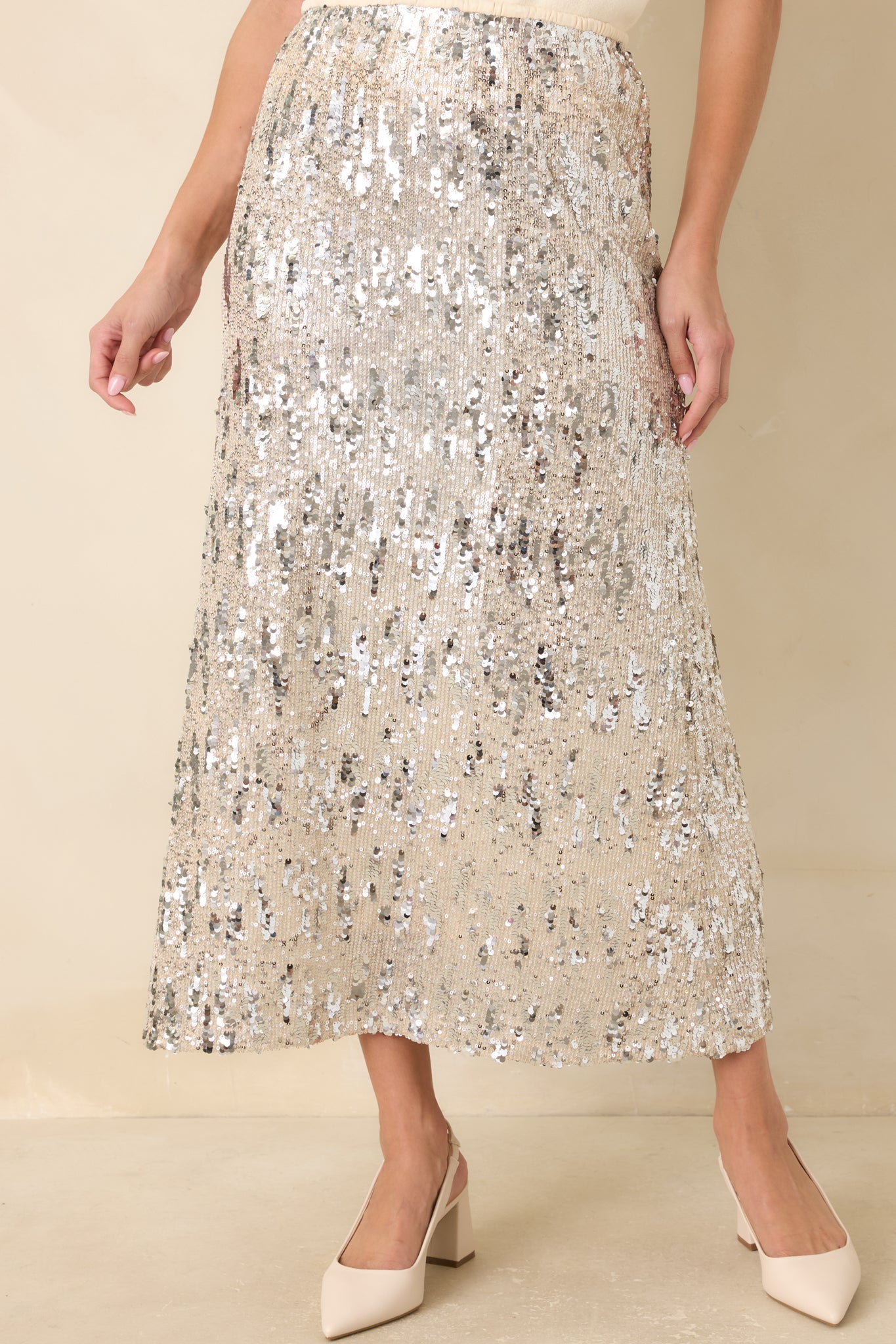 A Sparkling Conversation Silver Sequin Midi Skirt