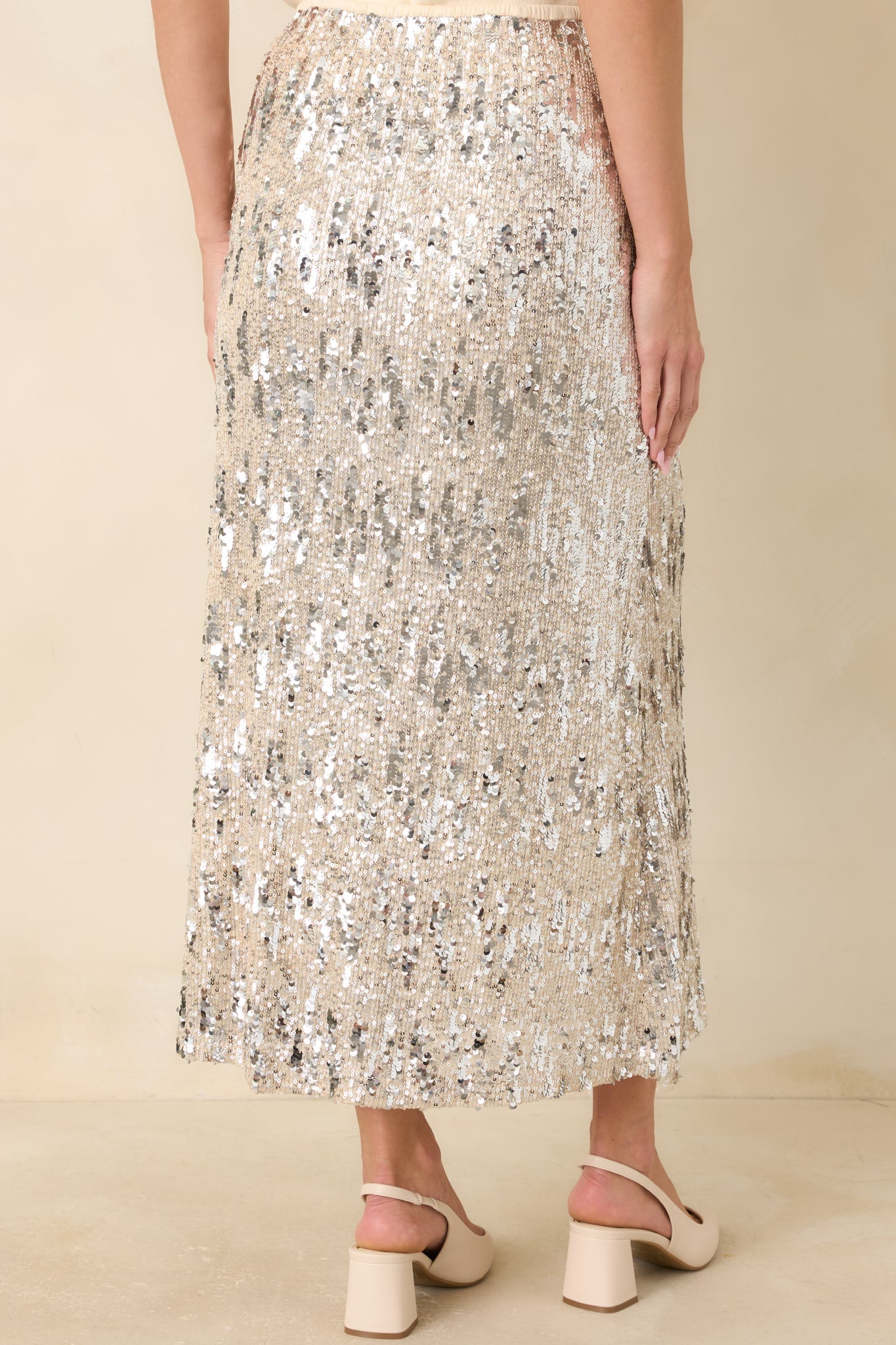 A Sparkling Conversation Silver Sequin Midi Skirt