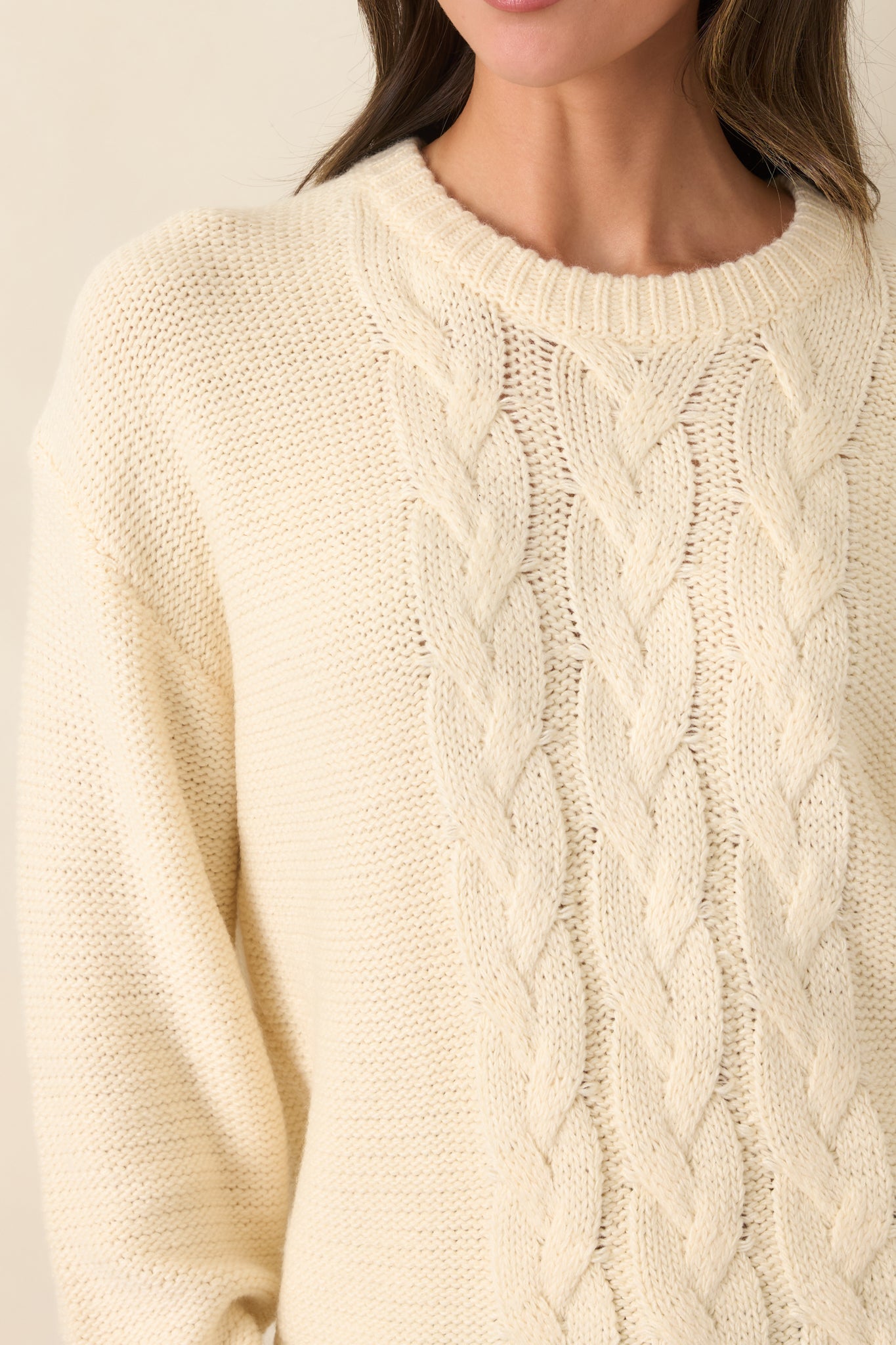 All the While Ivory Cable Knit Crewneck Pullover Sweater
