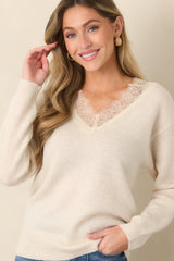 ASTR the Label Jadyn Ivory Wool Lace Trim V-Neck Sweater