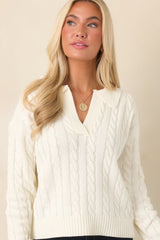 Cozy Classic Ivory Cable-Knit Collared Sweater