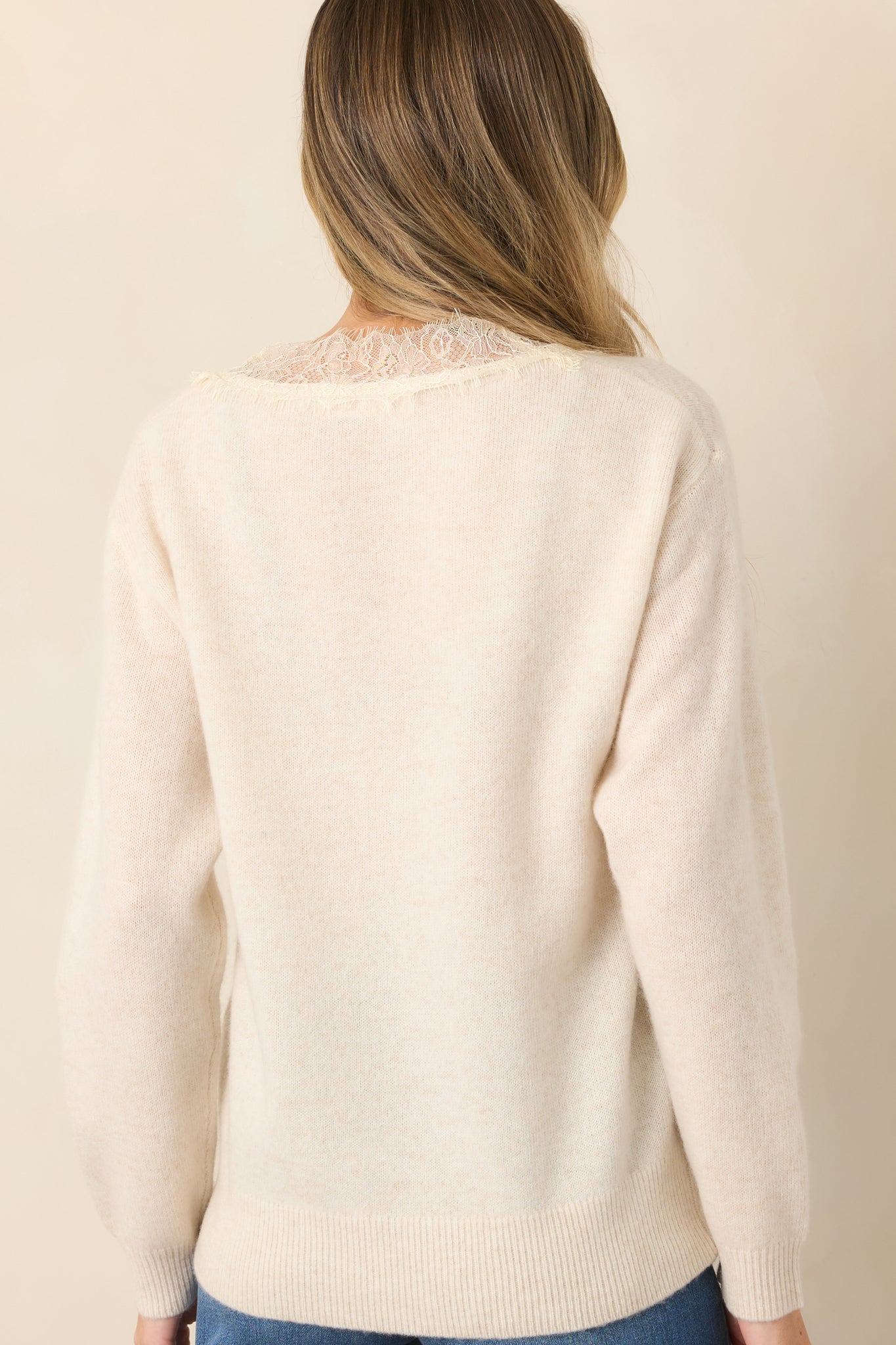 ASTR the Label Jadyn Ivory Wool Lace Trim V-Neck Sweater