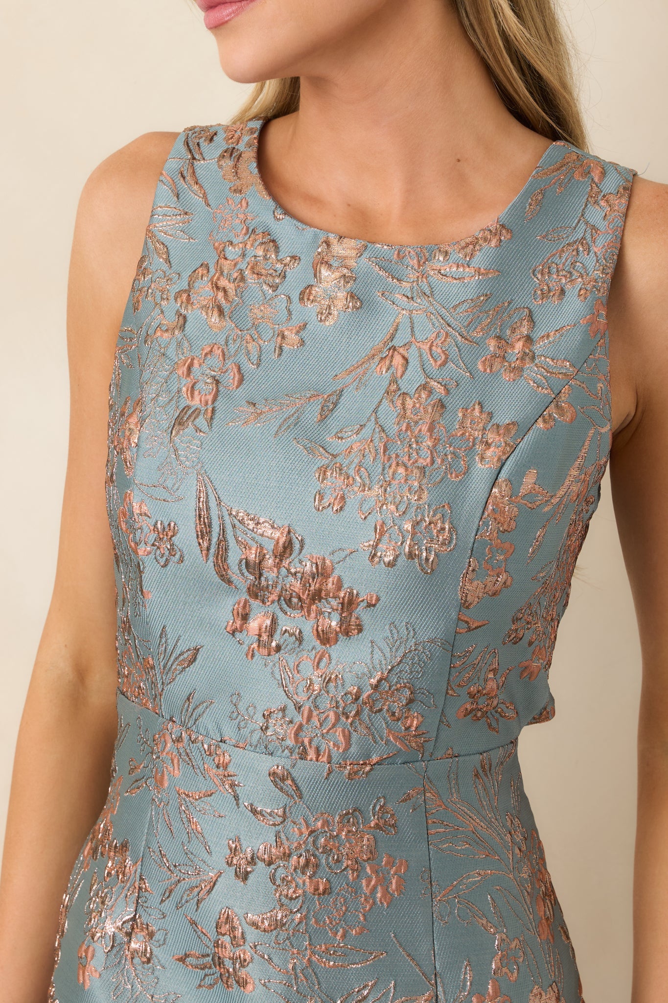 Caught in the Glow Dusty Blue & Rose Gold Floral Jacquard Mini Dress