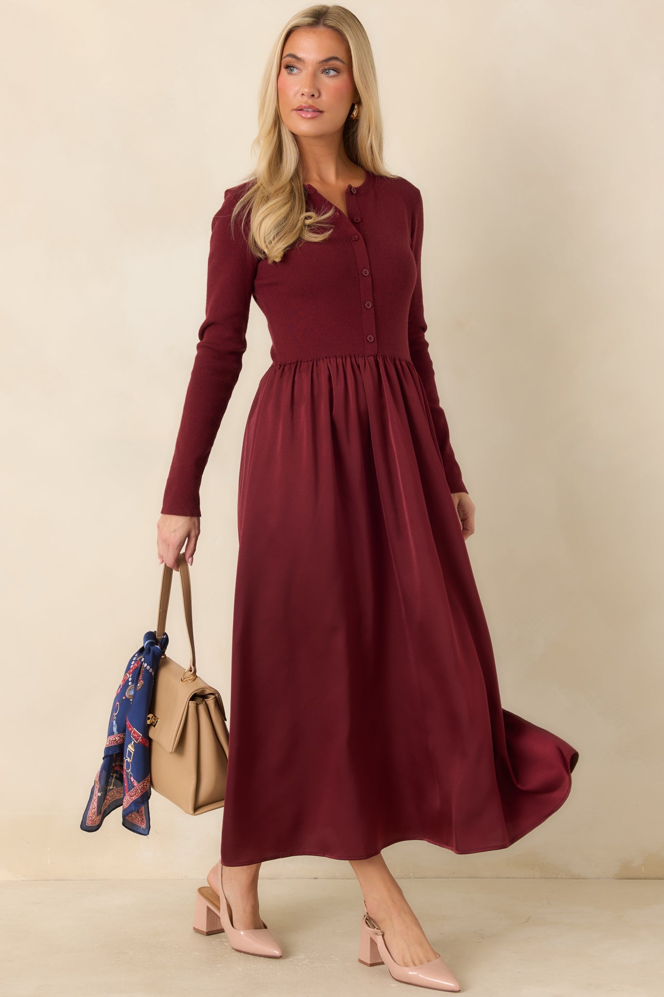 All Nicely Arranged Burgundy Knit Bodice Satin Midi Dress