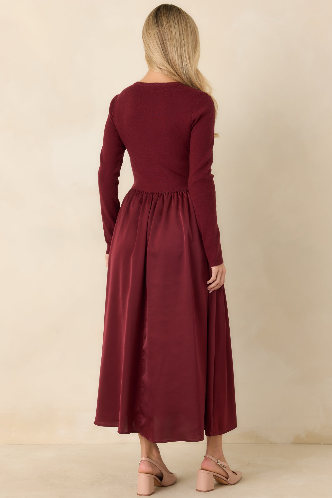 All Nicely Arranged Burgundy Knit Bodice Satin Midi Dress