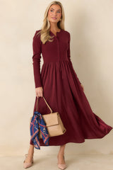 All Nicely Arranged Burgundy Knit Bodice Satin Midi Dress