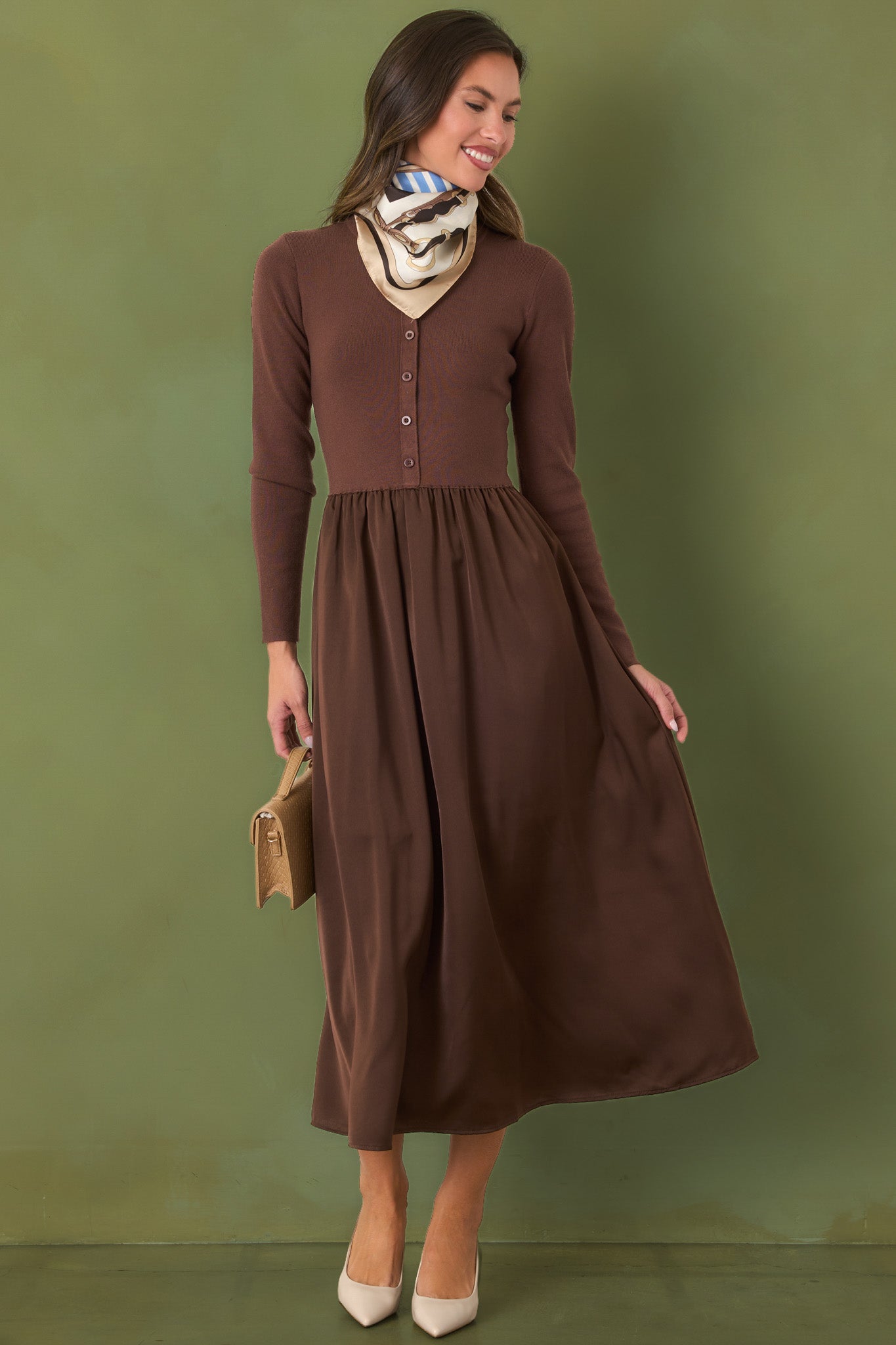 All Nicely Arranged Dark Brown Knit Bodice Satin Midi Dress