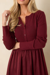 All Nicely Arranged Burgundy Knit Bodice Satin Midi Dress