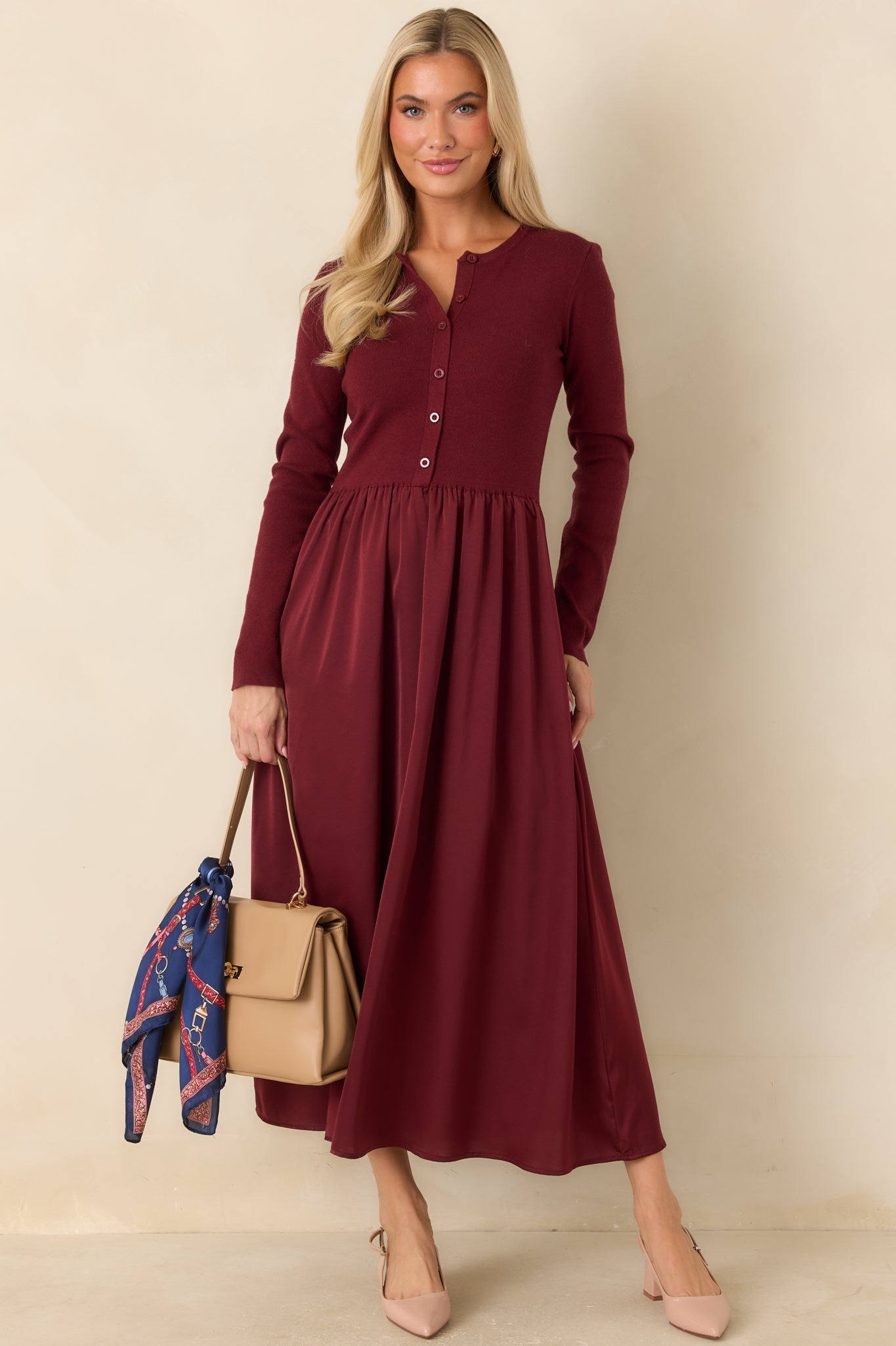 All Nicely Arranged Burgundy Knit Bodice Satin Midi Dress
