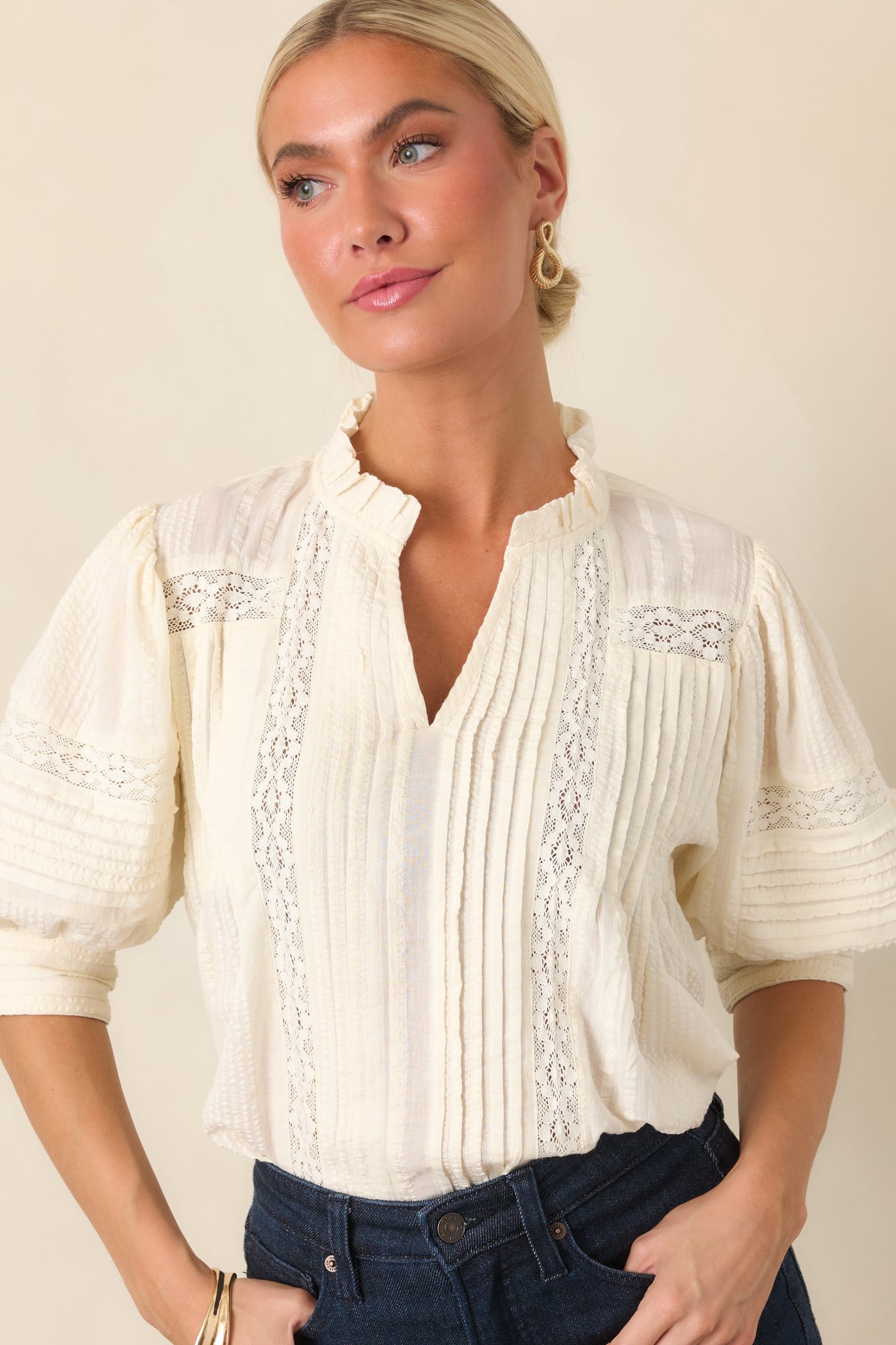 Dainty Details Ivory Textured Lace Trim Pleated Blouse