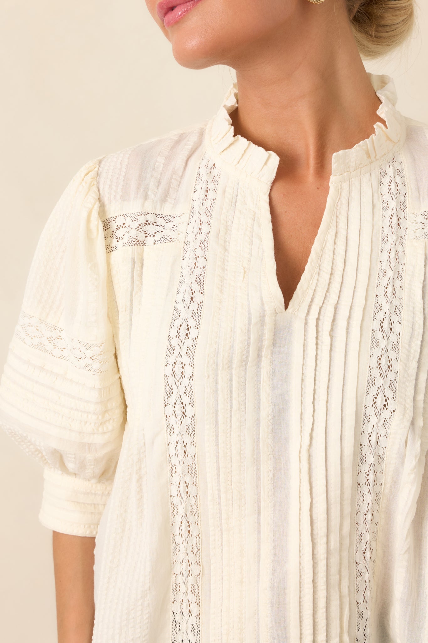 Dainty Details Ivory Textured Lace Trim Pleated Blouse