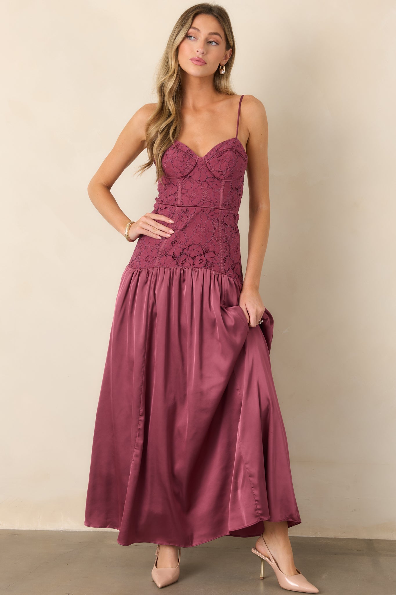ASTR the Label Kaylani Mauve Lace Bustier Maxi Dress