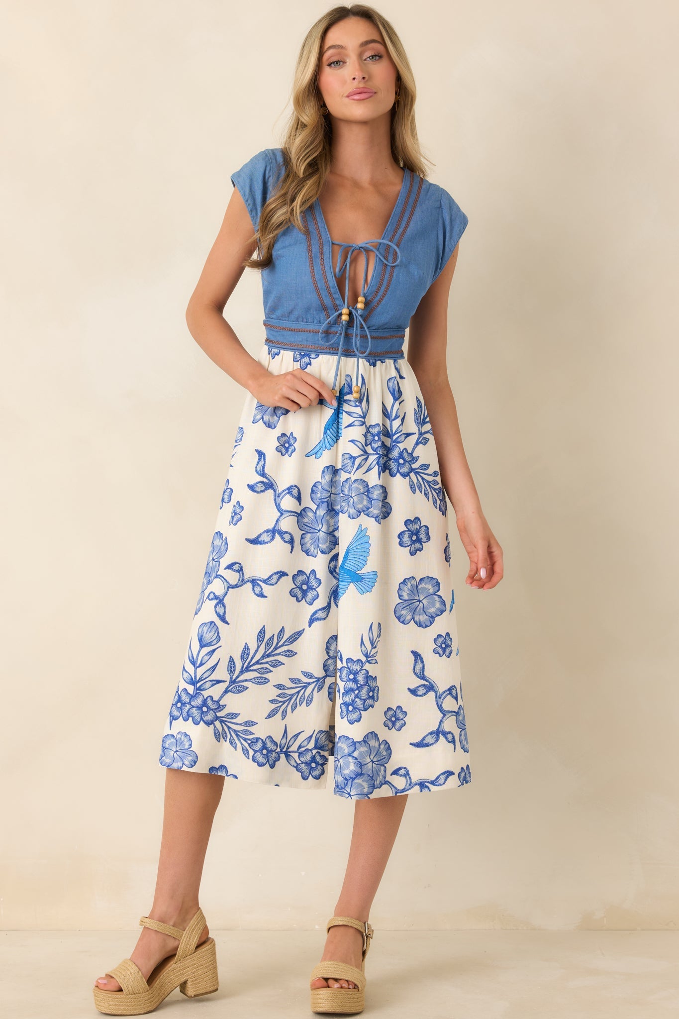 AIYIA Aubrey Ivory & Blue Floral Denim Bodice Midi Dress