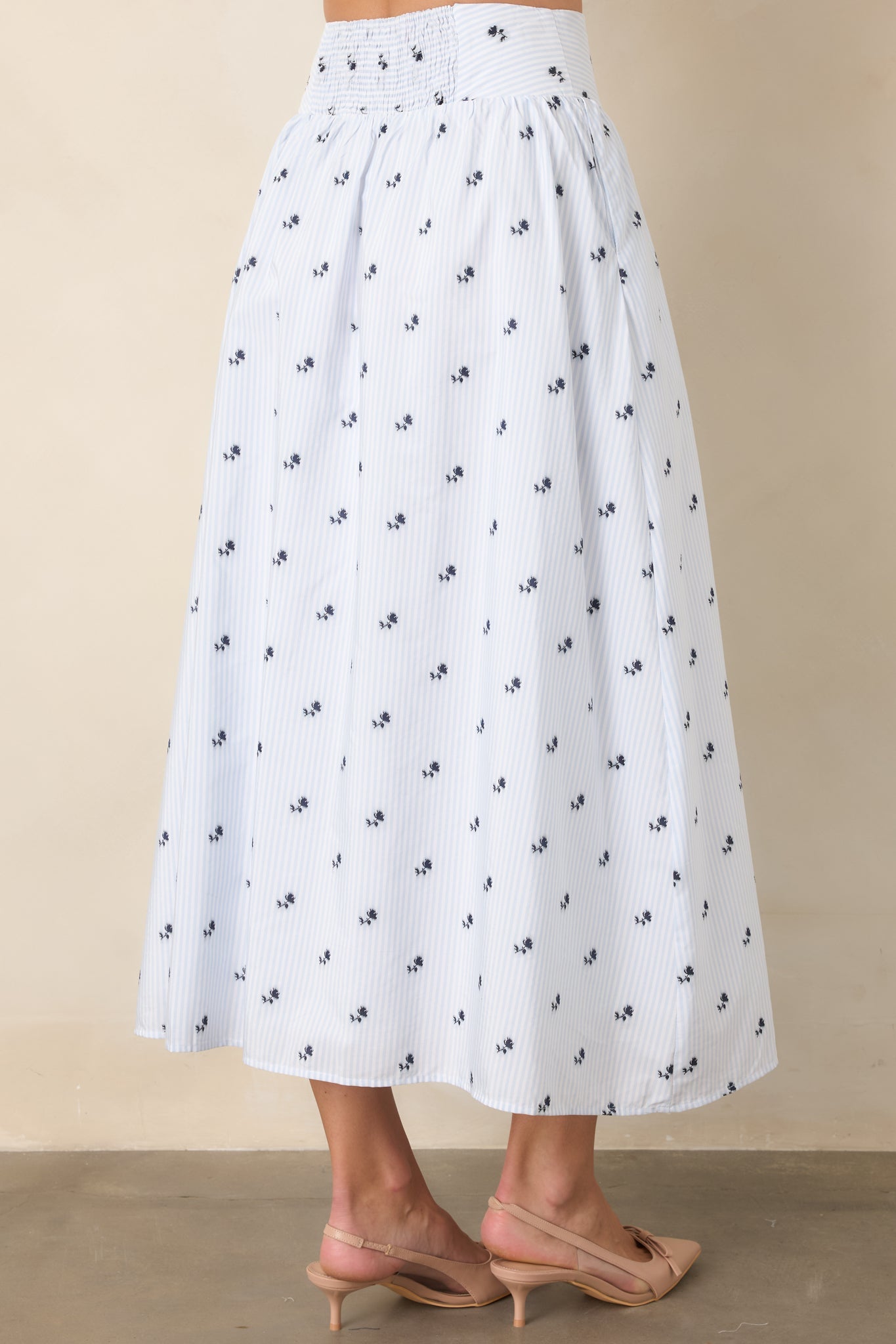 En Saison Veronica Blue Floral Stripe Button Front Maxi Skirt