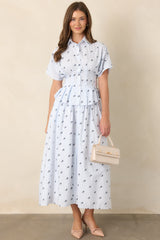 En Saison Veronica Blue Floral Stripe Button Front Maxi Skirt