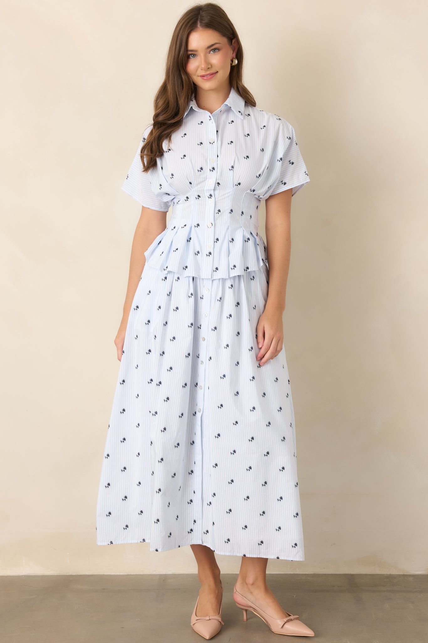 En Saison Veronica Blue Floral Stripe Button Front Peplum Top