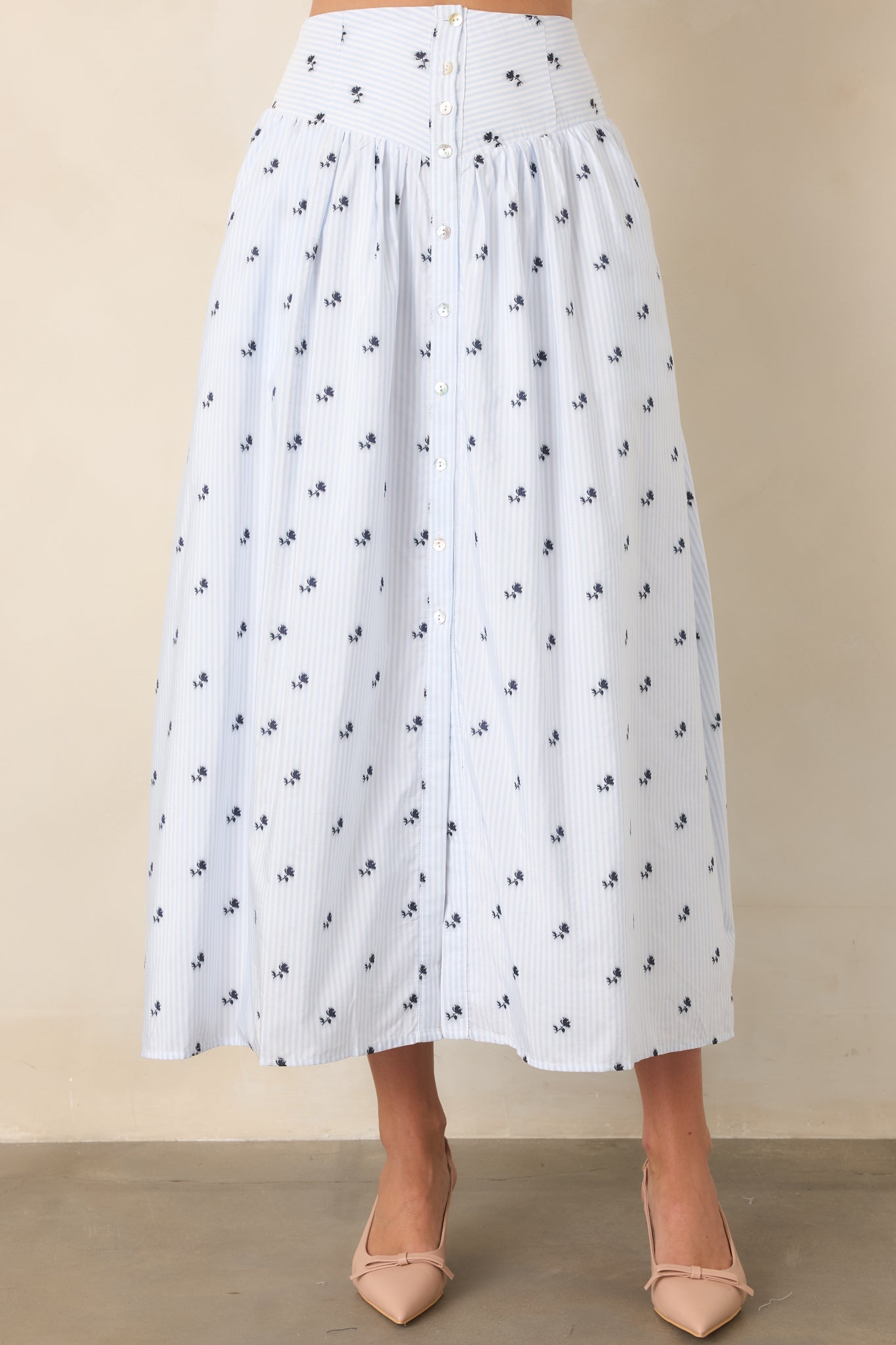 En Saison Veronica Blue Floral Stripe Button Front Maxi Skirt