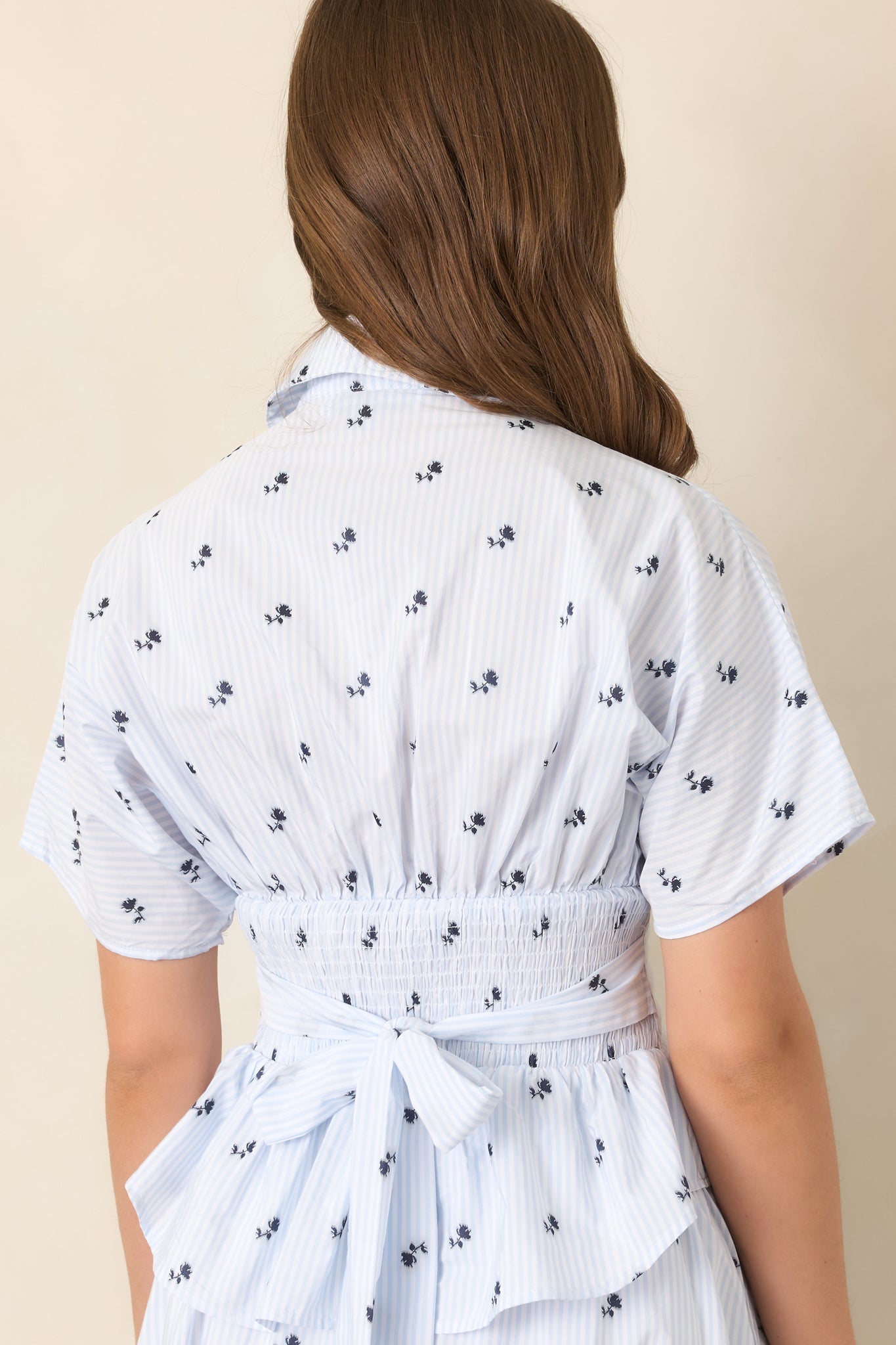 En Saison Veronica Blue Floral Stripe Button Front Peplum Top