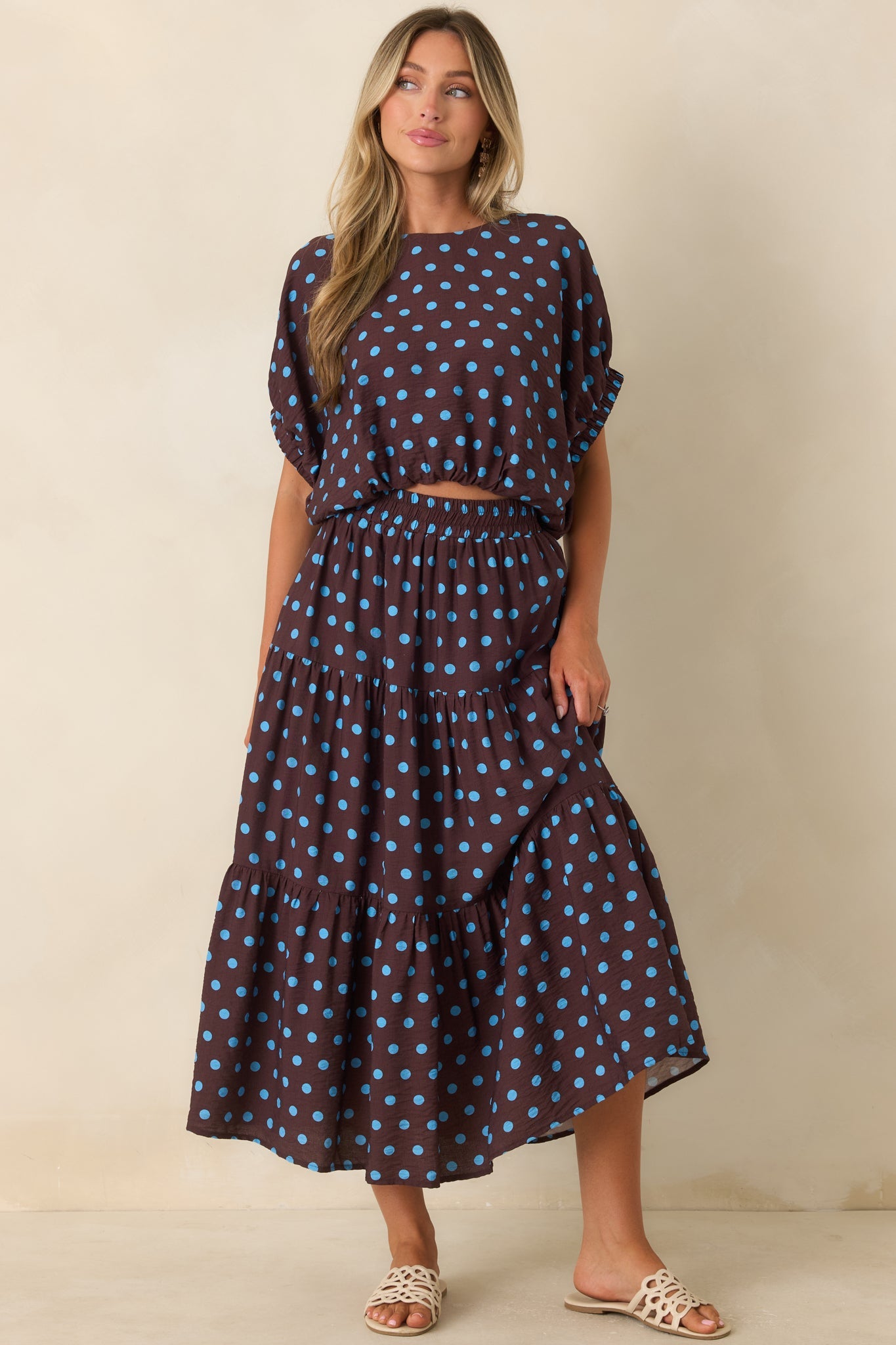 Café Rendezvous Brown & Blue Polka Dot Tiered Maxi Skirt