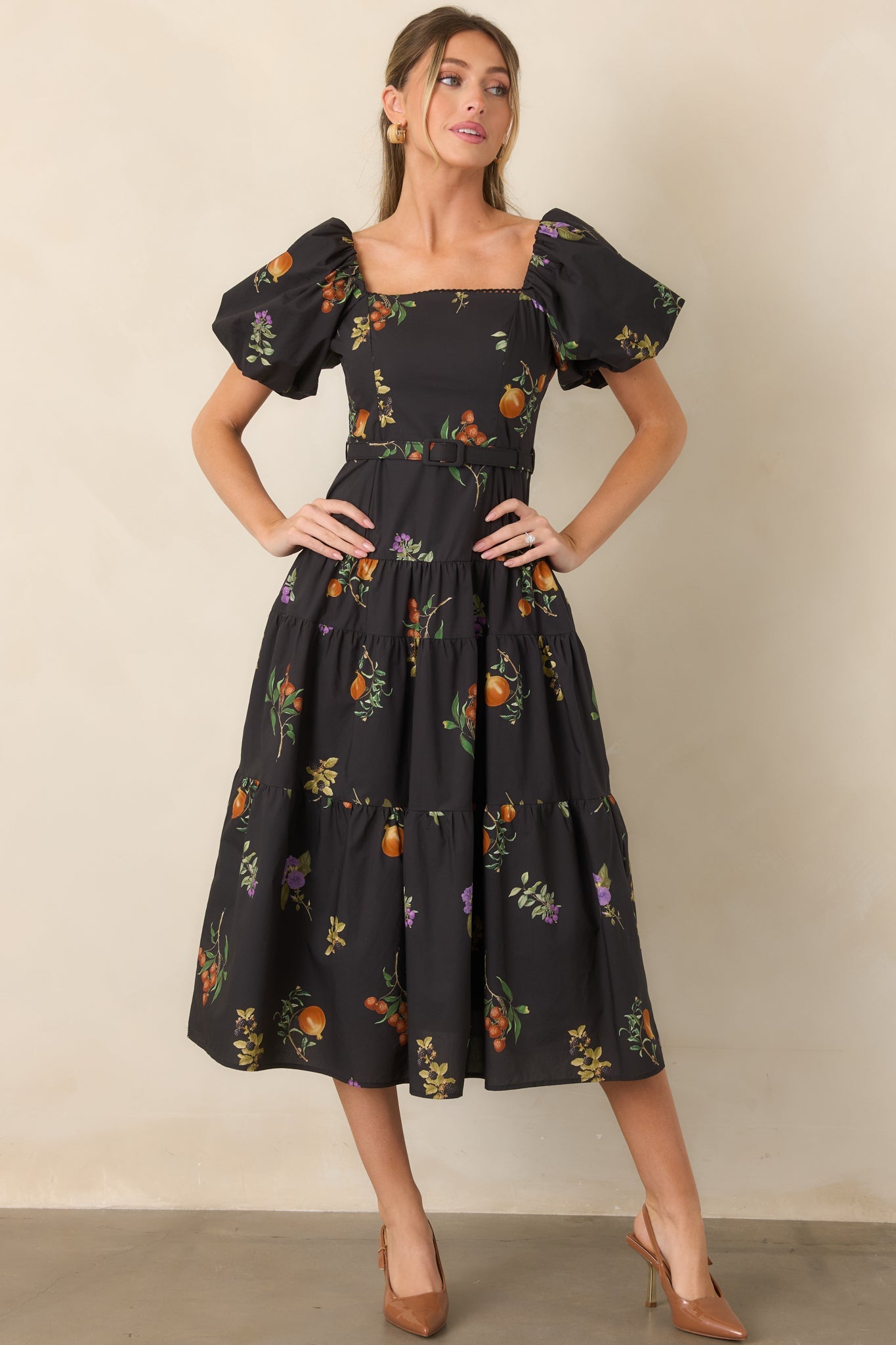 En Saison Kristie Black Multi Fruit Print Cotton Belted Midi Dress