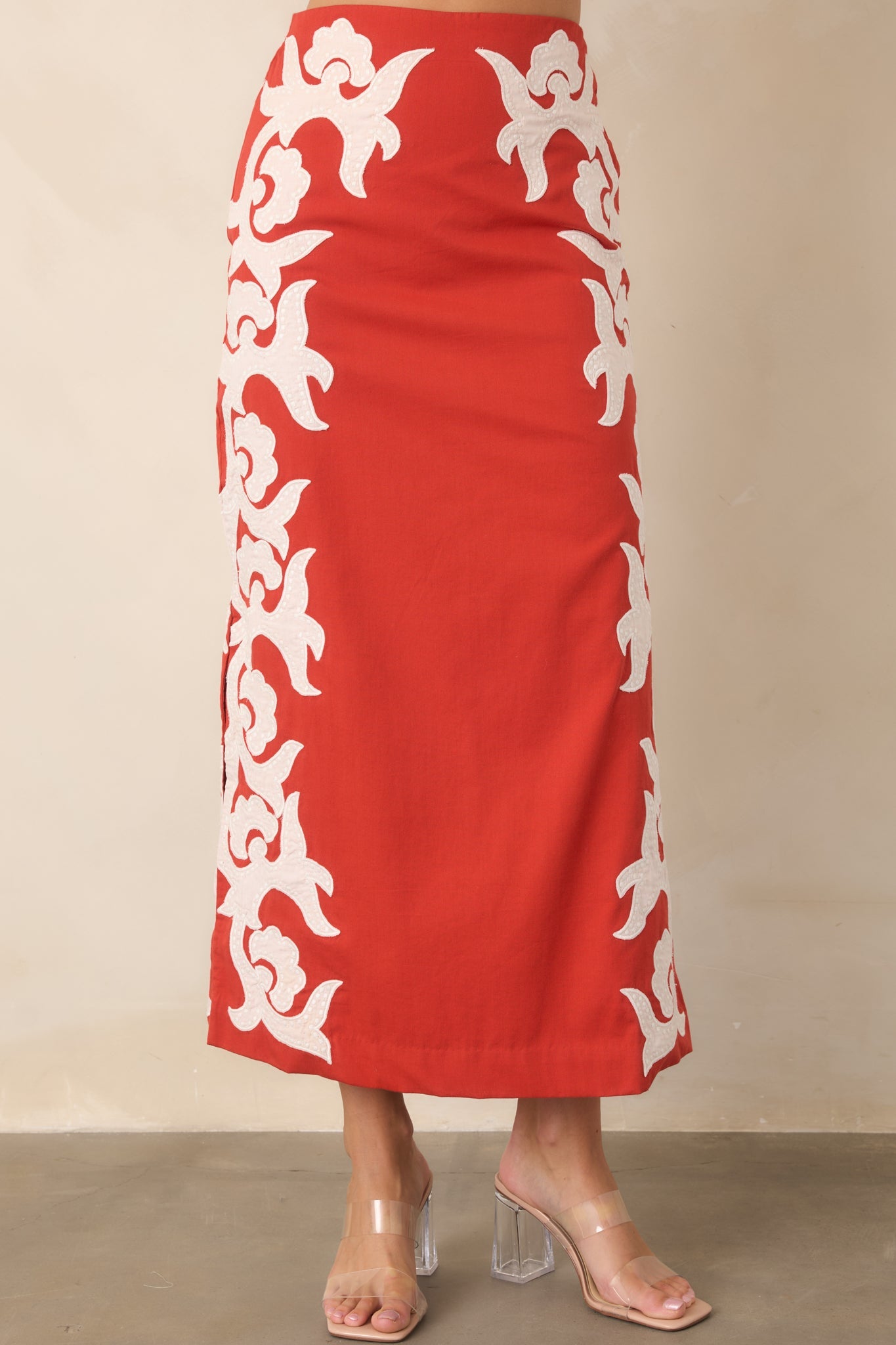 Anna Cate Dillon Bright Red Cotton Appliqué Midi Skirt