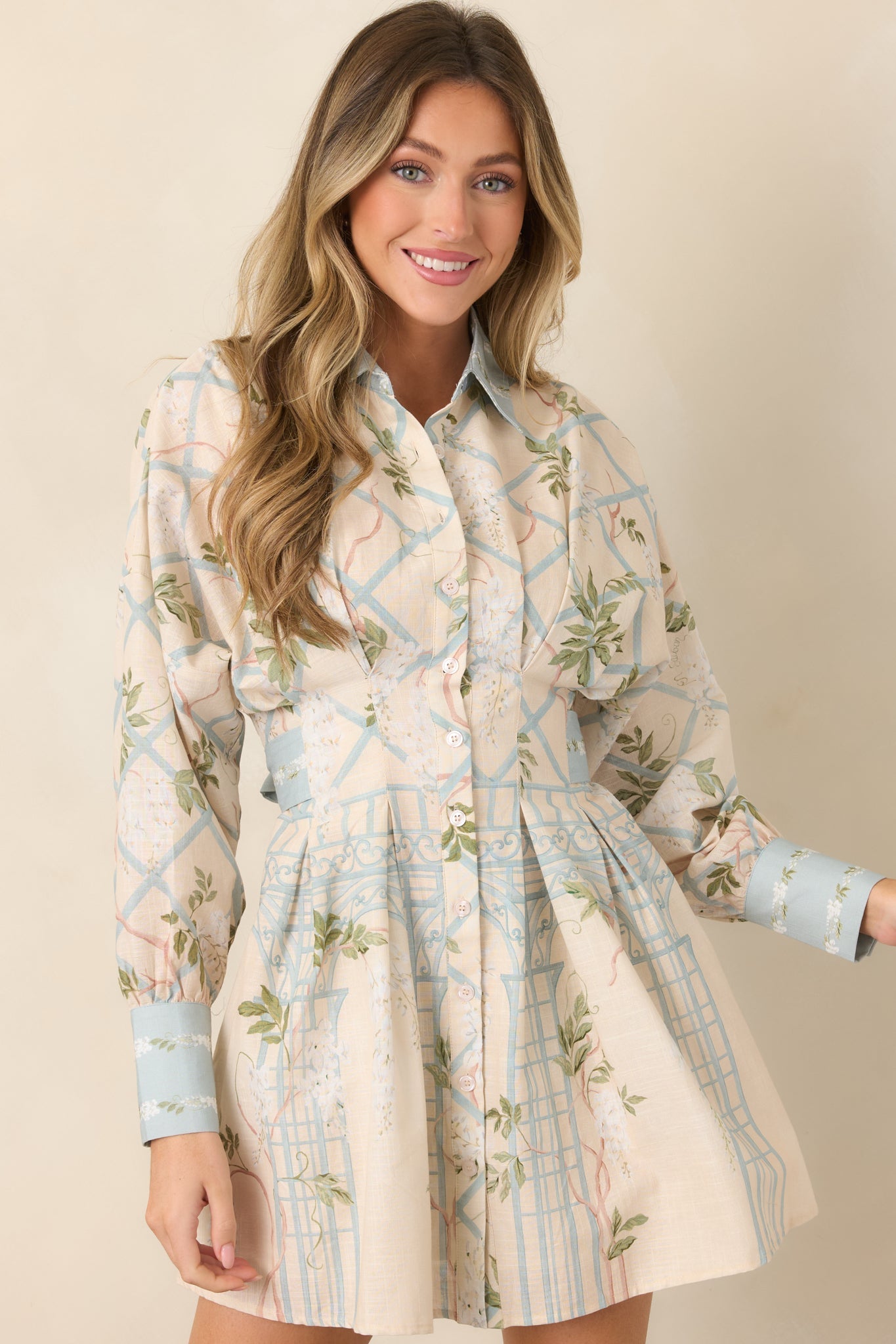 En Saison Georgina Ivory Floral Lattice Textured Mini Shirt Dress