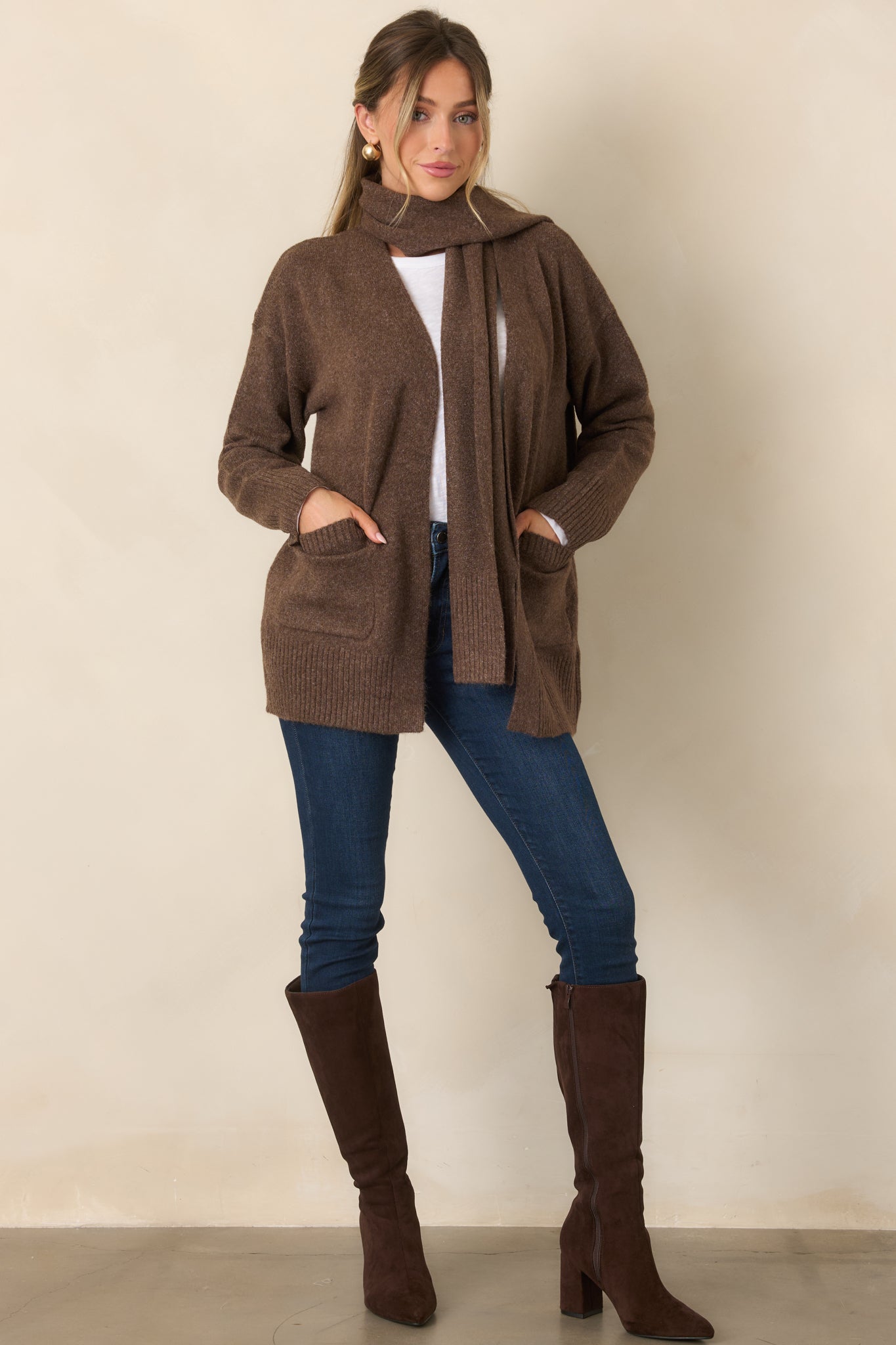 A Well-Knit Plan Dark Mocha Knit Cardigan & Scarf Set