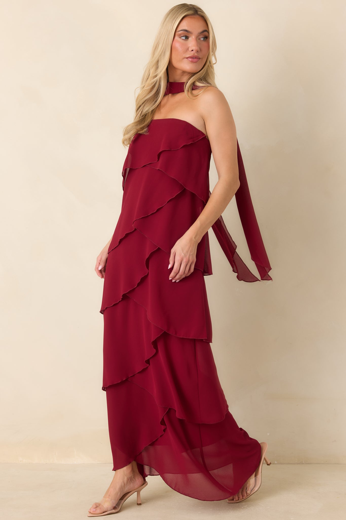 A Little Swept Away Wine Red Strapless Tiered Maxi Dress