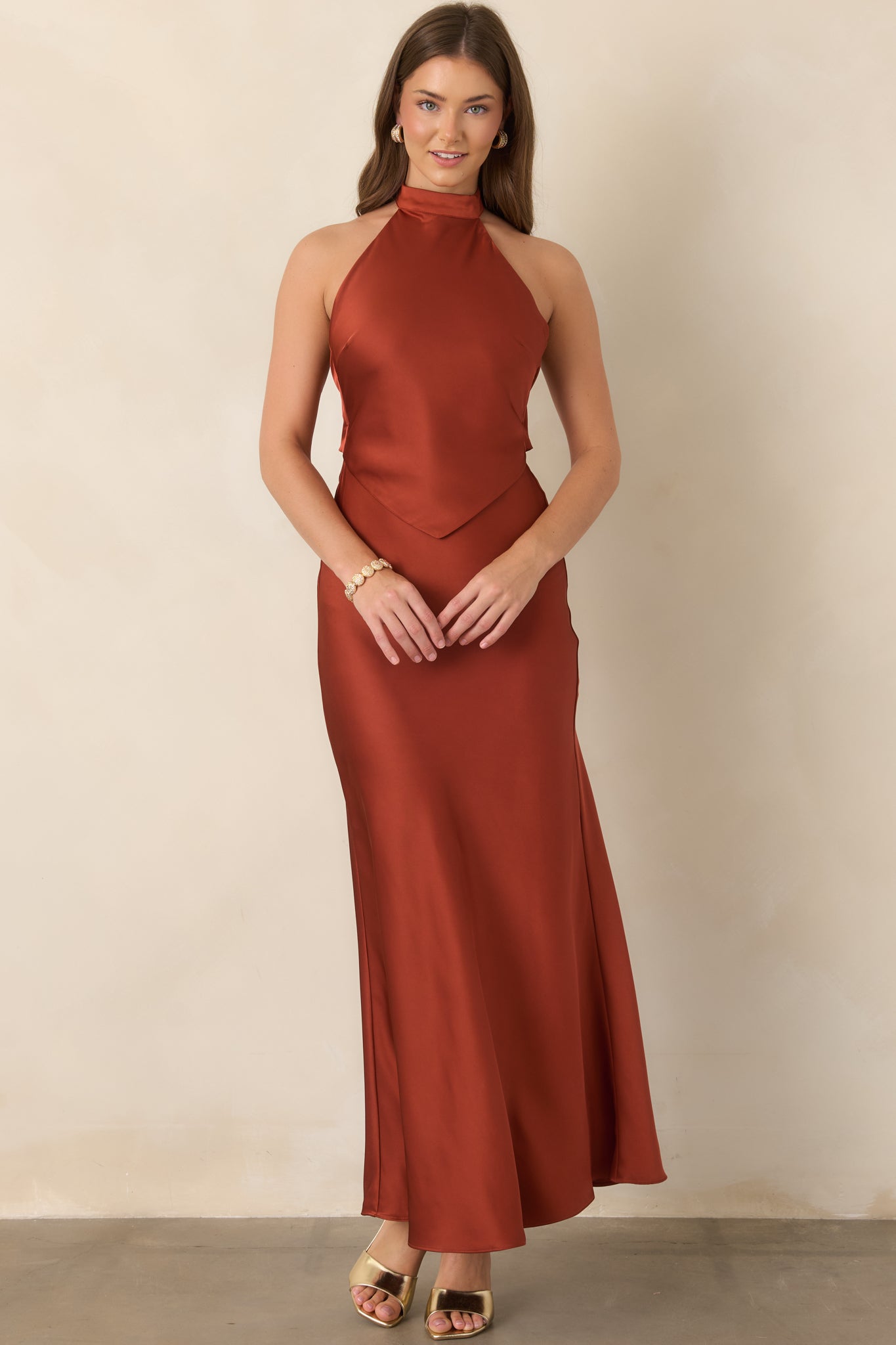 ASTR the Label Viridiana Sienna Satin Halter Maxi Dress