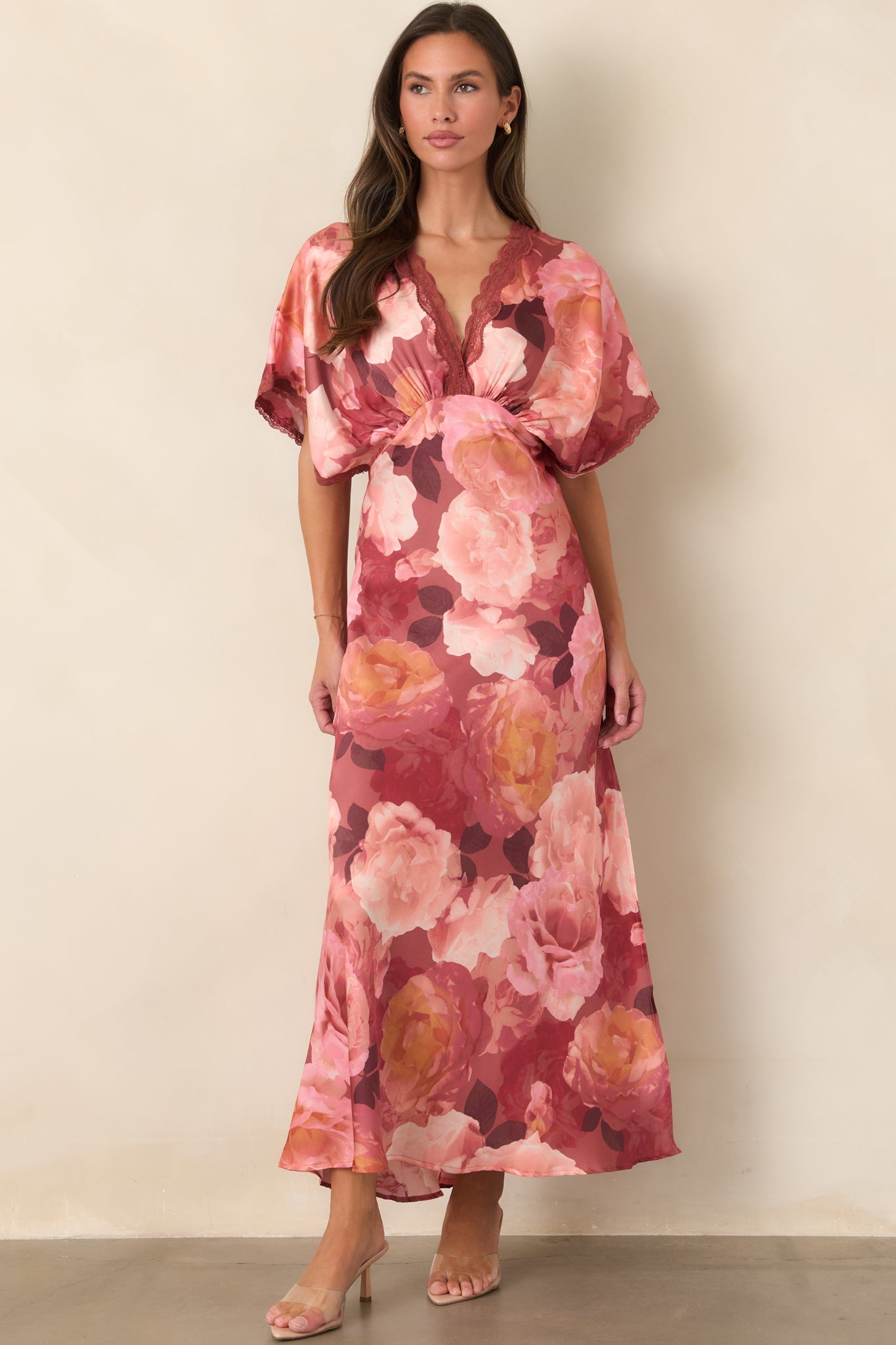 All The Right Reasons Blush Floral Satin Lace Trim Maxi Dress