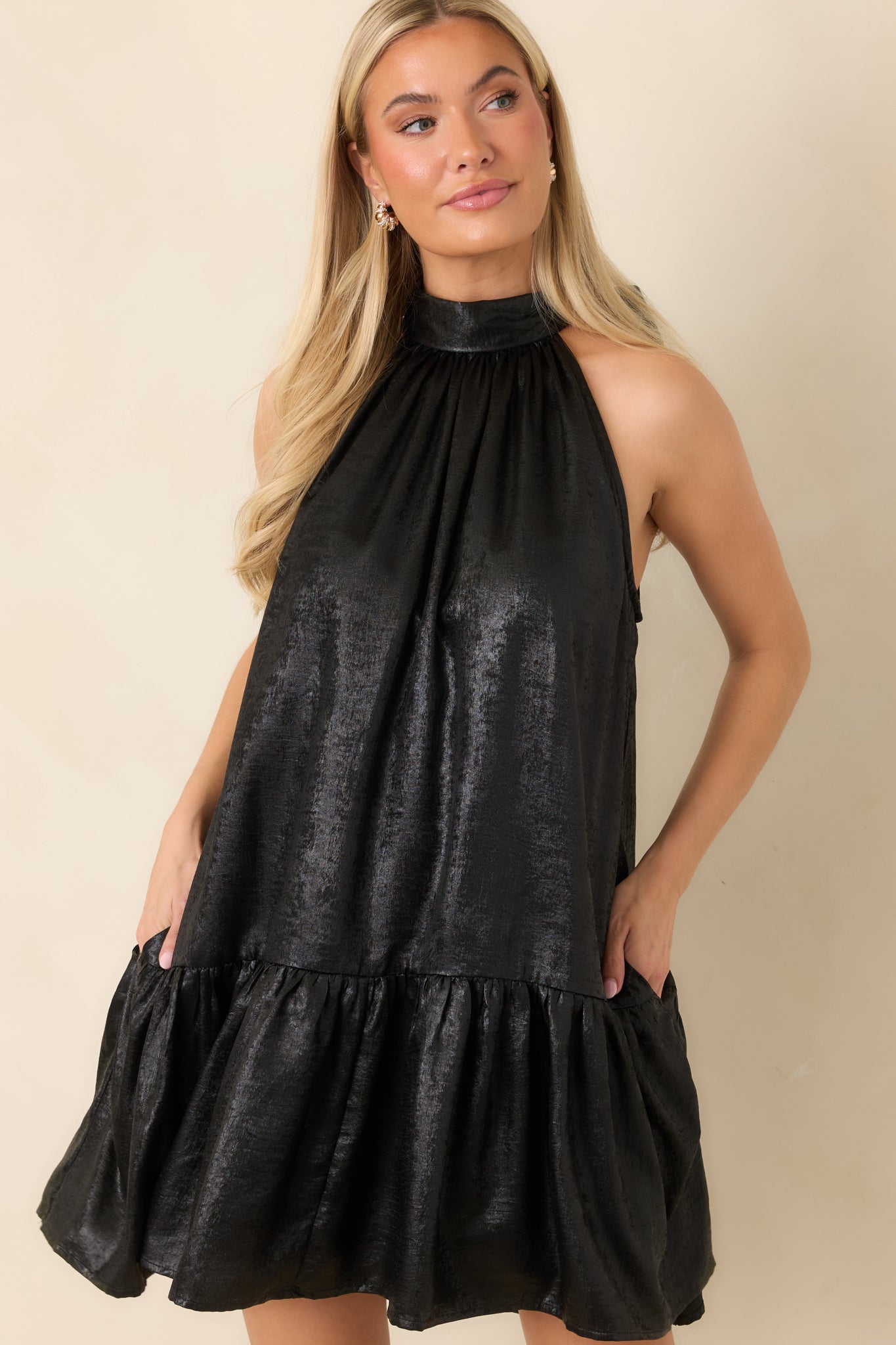 Fancy That Black Halter Bow Back Ruffle Hem Mini Dress